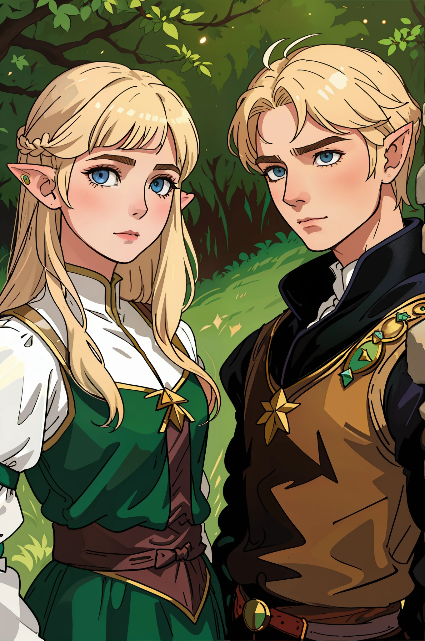 Elven man with blonde hair and elven woman with blonde hair in medieval dress posing for a photo, arte estilo flat, 2D, anime, zelda e link, side portrait of elven royalty, Darius Zawadzki e Tom Bagshaw, Tuomas Korpi e Wlop, Art not Guweiz style, retrato realista do renascimento, Cosplay realista, retrato de alta qualidade, Cosplay Completo, Loish e Wlop