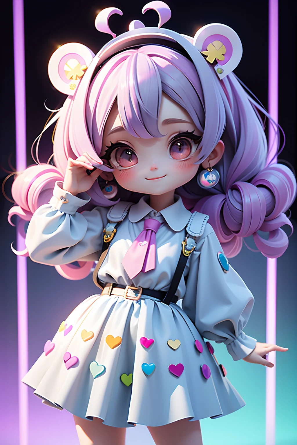 Loli Alice Menina, cabelo mesclado, preso, modern accessories , olhos delicados e detalhados, sorriso delicado e detalhados, opalescente, Perolescente, Holographic, fundo escuro
