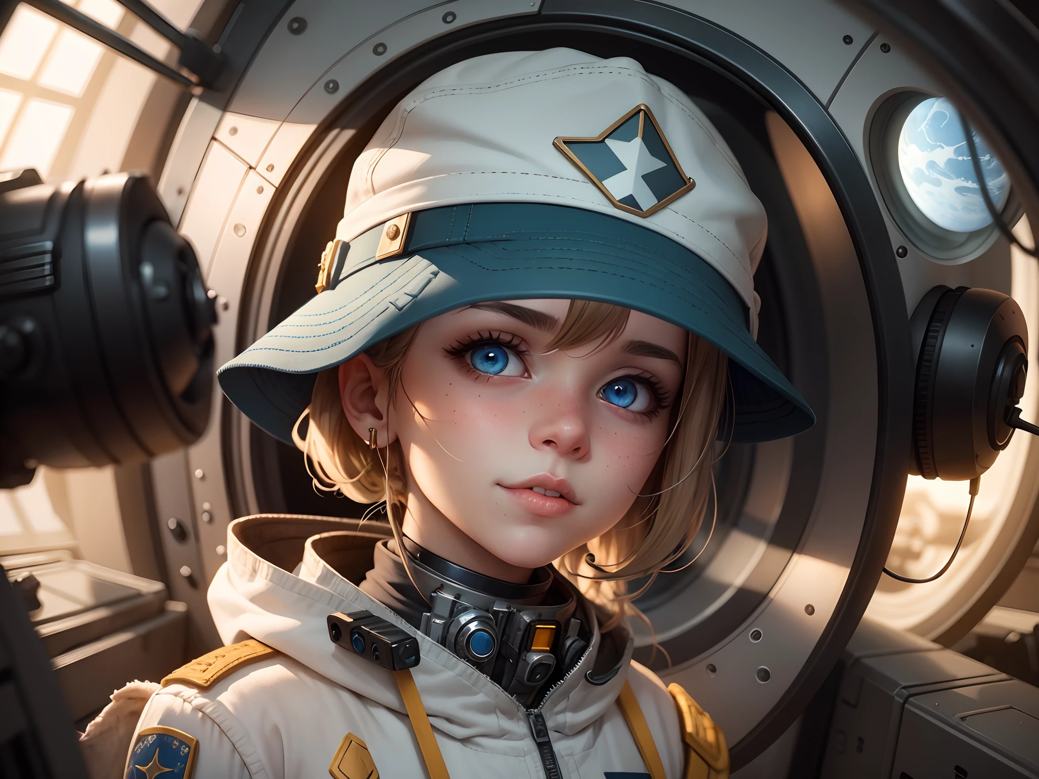 Anime girl in uniform with blue eyes and a white hat, portrait anime space cadet girl, Retrato da menina do soldado bonito, menina da infantaria, menina soldado mecanizado, menina soldado, menina piloto, Retrato da menina do soldado, menina anime retrato, menina militar, menina piloto bonito, Arte no estilo de Guweiz, retrato detalhado da menina do anime, Artgerm JSC