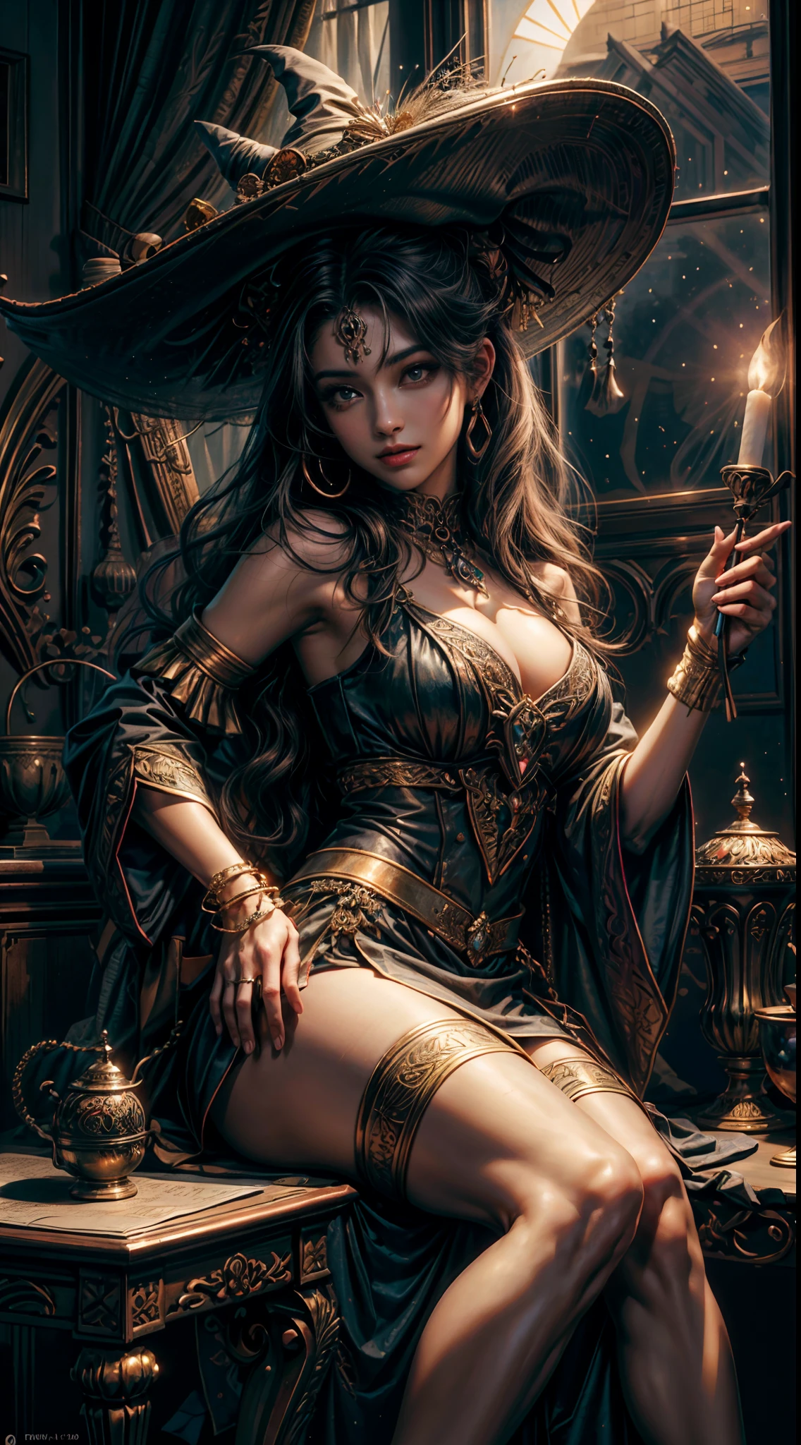 ((obra-prima)), ((melhor qualidade)), ((Ultra Detalhado)), (Awesome: 1.1), ((papel de parede extremamente detalhado da unidade CG 8k)), (8k, Foto RAW, melhor qualidade, obra-prima: 1.2), (realista, Foto realista: 1.4), (renderizado: 1.4), (renderizado: 1.4), Ultra realismo, high-resolution, NVIDIA RTX Ray Tracing, octan render, imagem de corpo inteiro, 1 garota linda, olhando para o espectador, Mago lendo um grande livro de magia em uma biblioteca antiga de uma torre de tijolos de pedra medieval, Her hair is long and black with shine, wearing a big witch's hat, His eyes are large and blue and well detailed, ela usa vestes escuras negras e azuis estampadas com estrelas prateadas e luas crescentes brilhantes, leve sorriso, Detailed and symmetrical face, perfectly proportions, biting lips, sexual excitement, sexual expression, corpo voluptuoso, thick legs with well-defined muscles, quadris largos, cintura fina, well-defined abdomen, seios grandes e empinados, mamilos protuberantes pontudos, pele parda com leve brilho de suor, estantes de livros antigos ao fundo, quarto ligeiramente escuro, lighting by chandeliers and torches on the walls, A faint haze of smoke billows out of candles and torches, Magical crystal ball with purple luminescent aura and purple rays on an old wooden table in the background, grandes janelas em arco, Deeply dark night through the windows, very starry dark sky, estrelas cadentes, grande lua semicoberta por nuvens, raios de luz da lua, diffuse lighting, fantasia, intrincado, dinamic angle, elegante, altamente detalhado, realista, 8k 3D, cinematic lighthing.