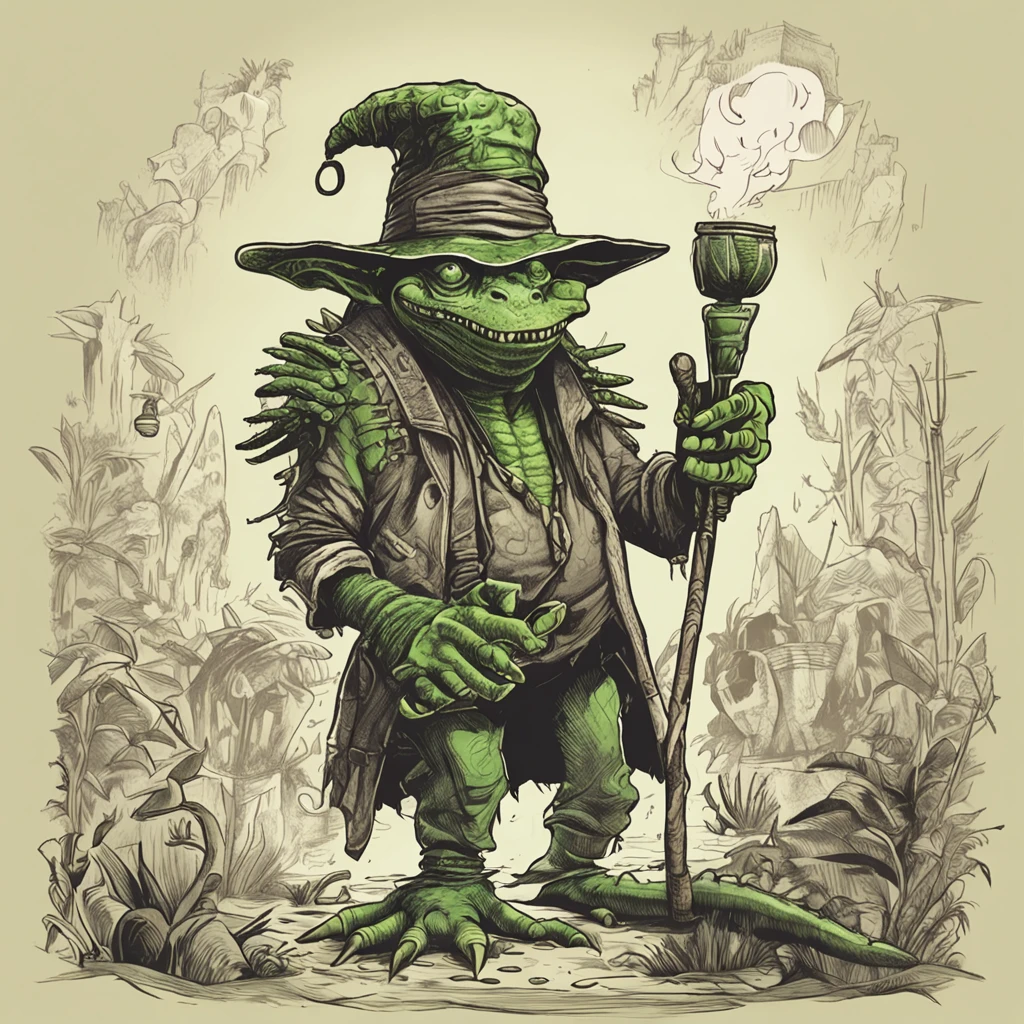 Cartoon of a man with a hat and a green face, alligator shaman, archwizzard in a hat, um pirata goblin, design de personagem monstro, Orc fundido com videiras, Estilo Rato Fink, Lagarto, Criatura da loucura, retrato verde do duende, medium portrait of a goblin, Retrato de um Duende, monstro feio, arte do lagarto, Drank goblin fantasy The adventurers thanked the alligator shaman and departed. They used the spell to defeat their enemies and save the day. They never forgot the help of the alligator shaman, e sempre o consideraram um amigo.