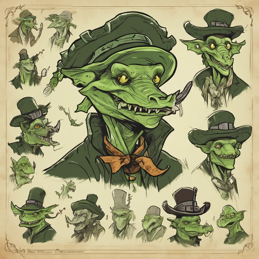 Cartoon of a man with a hat and a green face, alligator shaman, archwizzard in a hat, um pirata goblin, design de personagem monstro, Orc fundido com videiras, Estilo Rato Fink, Lagarto, Criatura da loucura, retrato verde do duende, medium portrait of a goblin, Retrato de um Duende, monstro feio, arte do lagarto, Drank goblin fantasy The adventurers thanked the alligator shaman and departed. They used the spell to defeat their enemies and save the day. They never forgot the help of the alligator shaman, e sempre o consideraram um amigo.