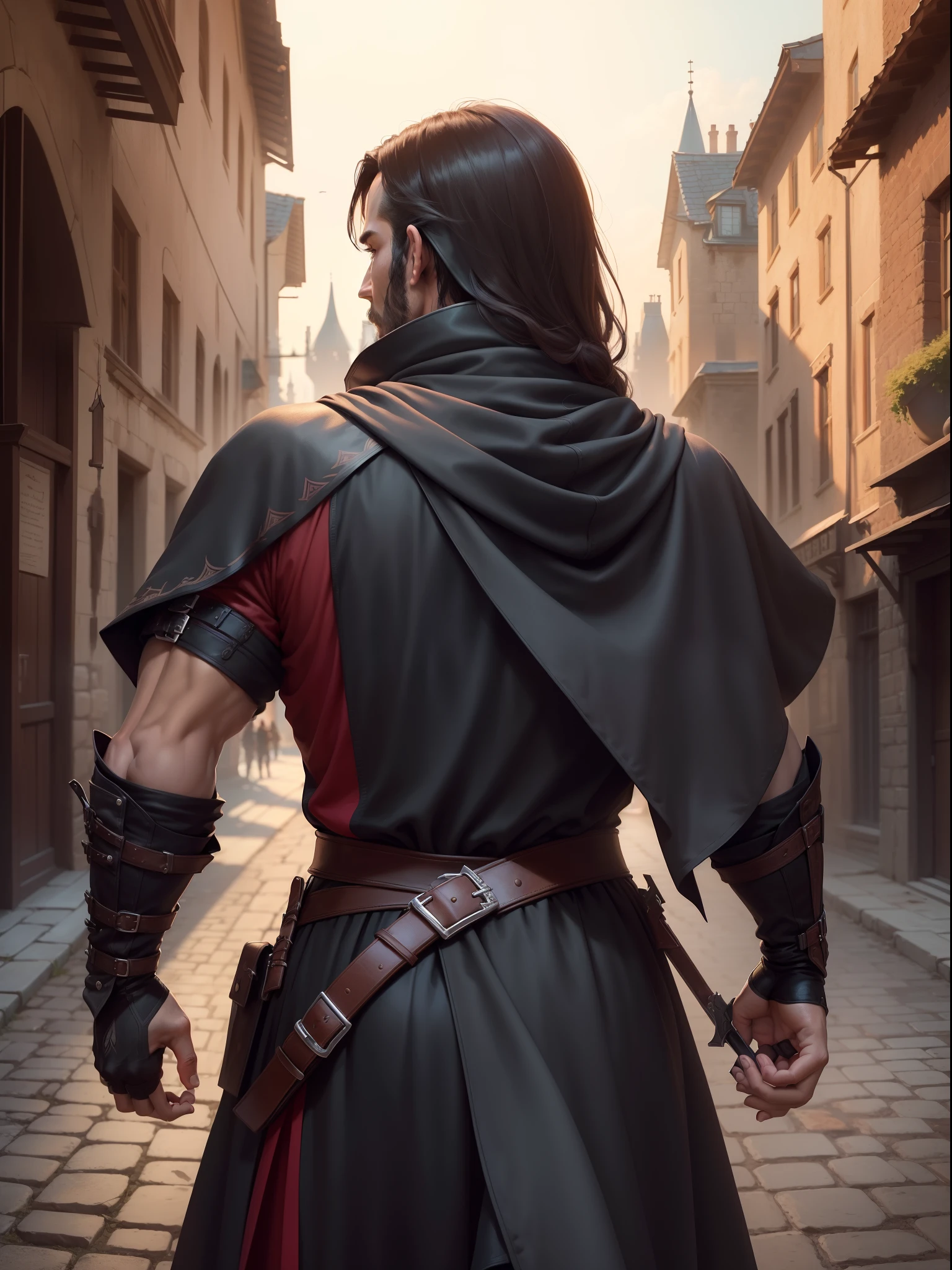 (superfine illustration, Best Quality, Ultra-detailed, medieval:1.5), (proficient assassin, male focus, solo, unapproachable vibe, Lack of emotional ups and downs, Perfect fingers, Perfect hands, back shot, looking forward:1.5), (assassin costume,  assassin cloak, fingerless gloves:1.5), town as background, dawn, backlighting, male hair, extremely short hair, purple hair, combed-back hair,