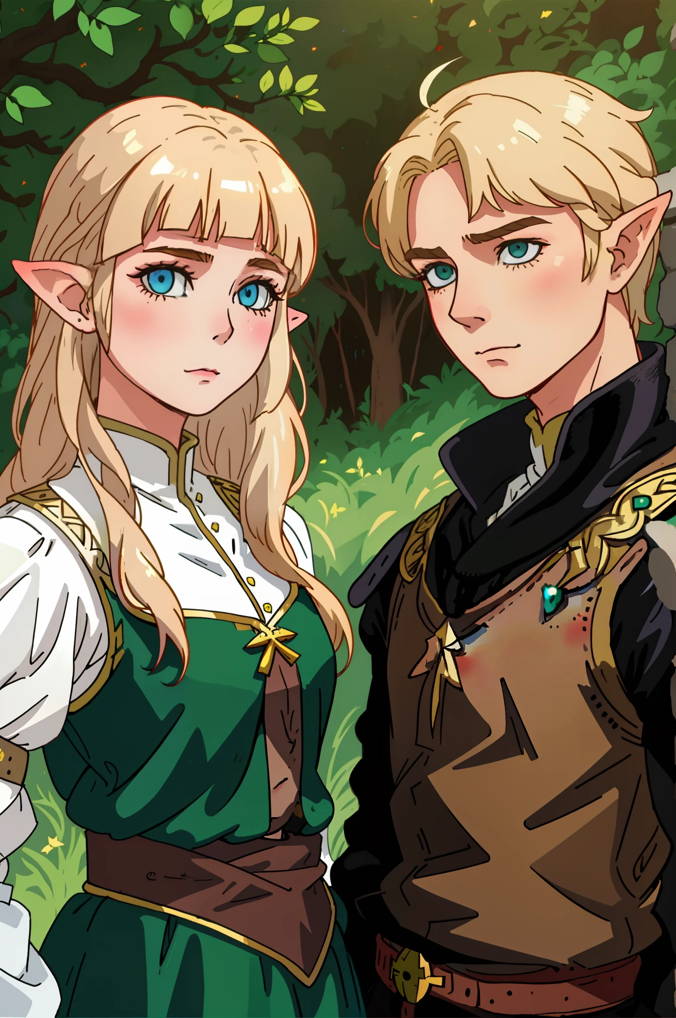 Elven man with blonde hair and elven woman with blonde hair in medieval dress posing for a photo, arte estilo flat, 2D, anime, zelda e link, side portrait of elven royalty, Darius Zawadzki e Tom Bagshaw, Tuomas Korpi e Wlop, Art not Guweiz style, retrato realista do renascimento, Cosplay realista, retrato de alta qualidade, Cosplay Completo, Loish e Wlop