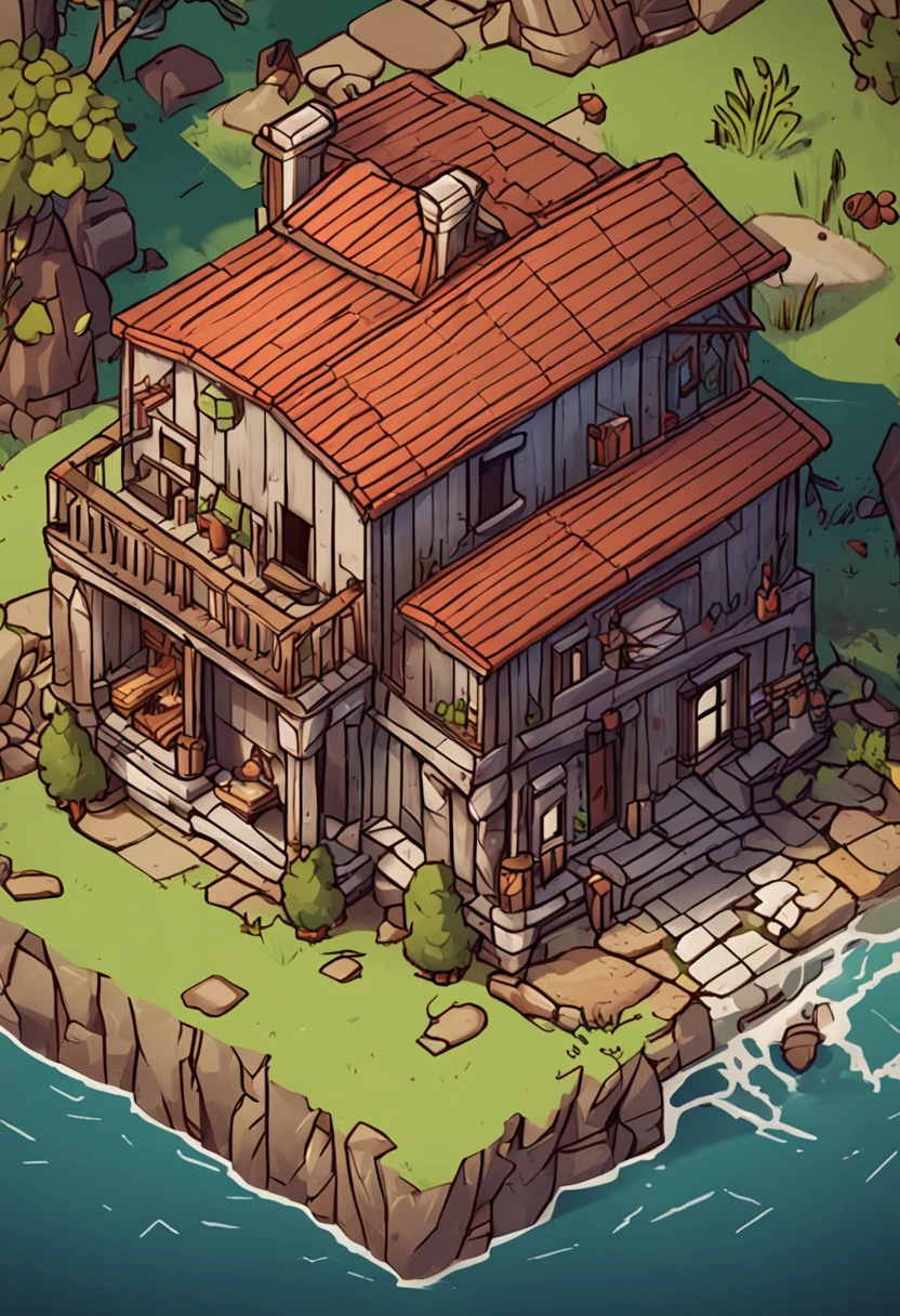 isometric house, estilo rpg, caricaturas, dnd, fantasia, Mobile Game,homem primitivo,osso de animal,pedra,Madeira, suspenso no ar