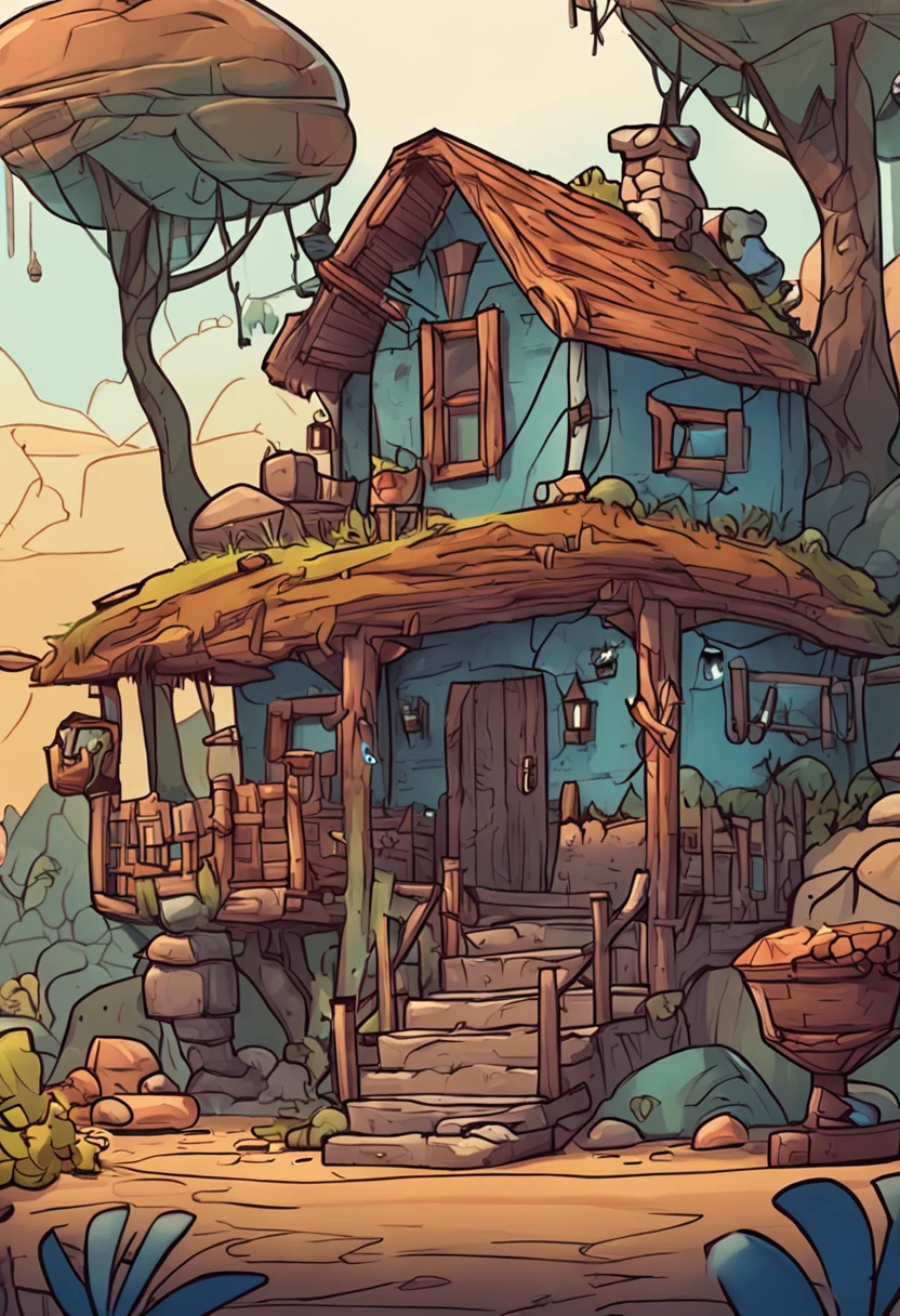 isometric house, estilo rpg, caricaturas, dnd, fantasia, Mobile Game，homem primitivo，osso de animal，pedra，Madeira, suspenso no ar