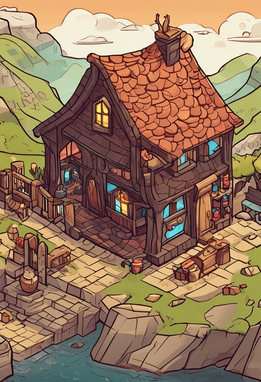 isometric house, estilo rpg, caricaturas, dnd, fantasia, Mobile Game，homem primitivo，osso de animal，pedra，Madeira, suspenso no ar