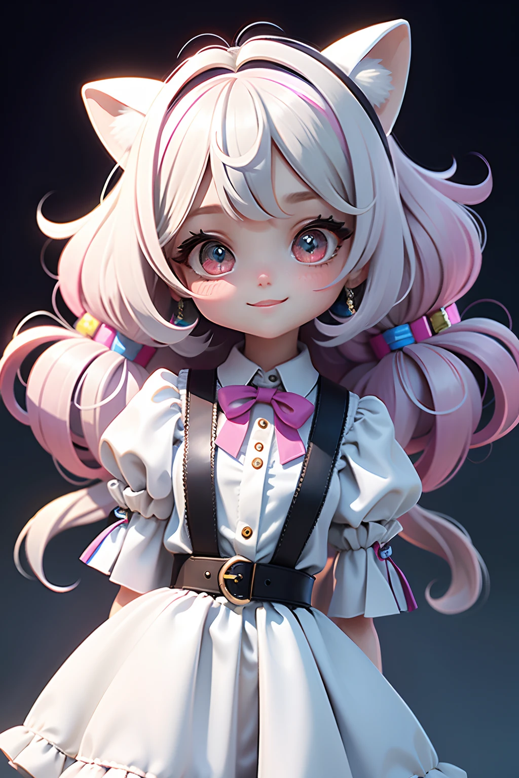 Alice Wonderland Menibelo mesclado, preso, modern accessories , olhos delicados e detalhados, sorriso delicado e detalhados, opalescente, Perolescente, Holographic, fundo escuro