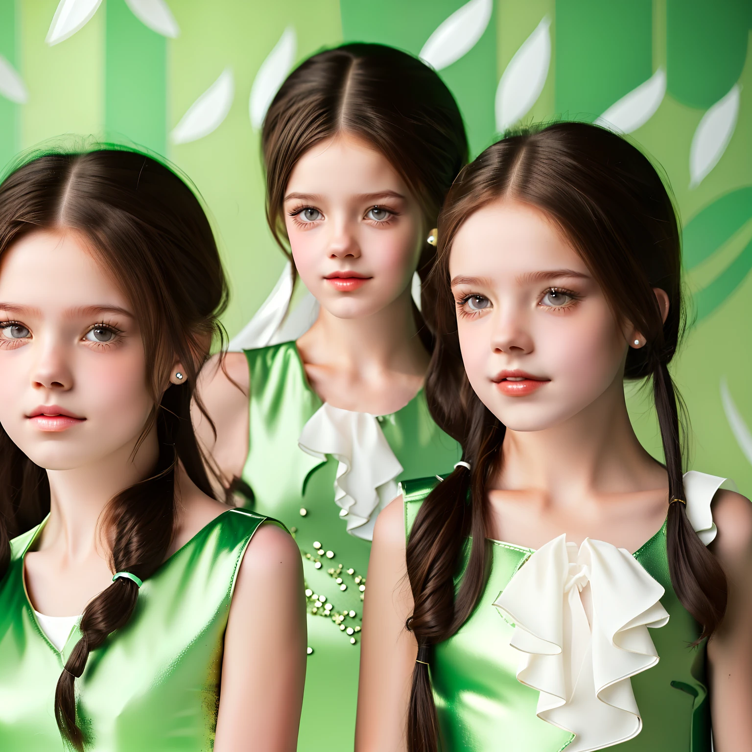 whaite hair,The single ponytail is on the left,green pupills,white dresses,-year-girl