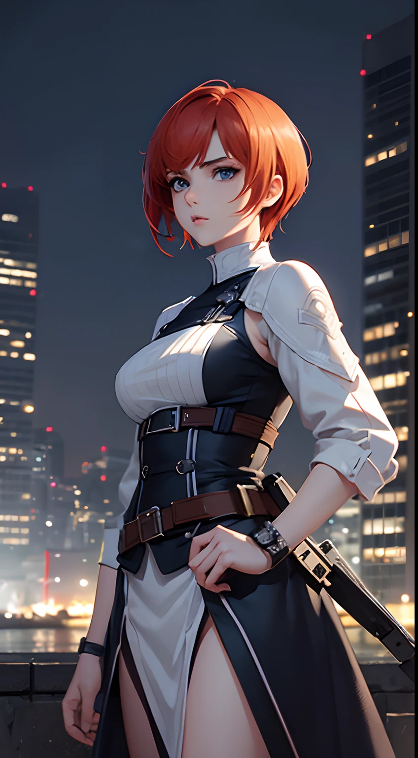 (A beautiful 20 years old British female assassin), (short ginger hair), (pale skin), (serious looking), (wearing white and blue assassin outfit), (city at night background), view from front, waist up shot, battle ready pose, ambient lighting, anime style, solid lines, intricate face detail, intricate hand details, highly detailed, vibrant colors, cinematic, high definition, trending on Artstation--style raw