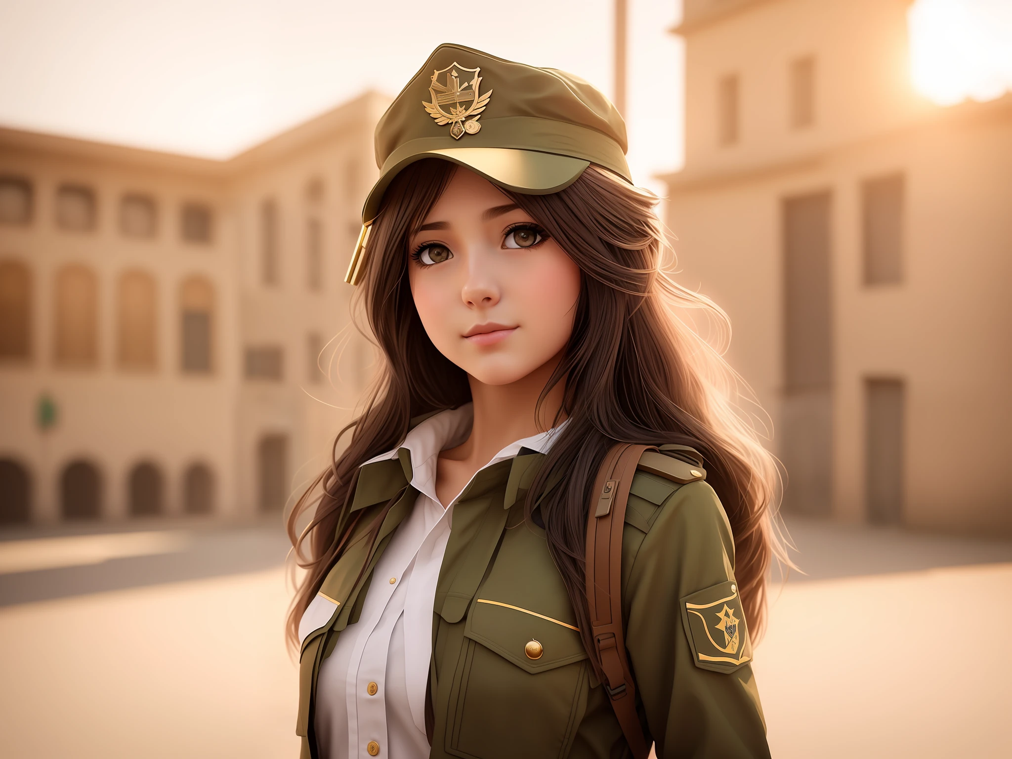 Mulher loira de uniforme posando para uma foto em uma cidade, soldado, Arte no estilo de Guweiz, meninando o uniforme, Retrato da menina do sobonito, menina da infantarte de anime realista, Wojtek FUS, menina militar, Estilo aD realista, estilo de arte realista, aluna hiperrealista, photorealistic anime girl rendering, Retrato da menina do soldado