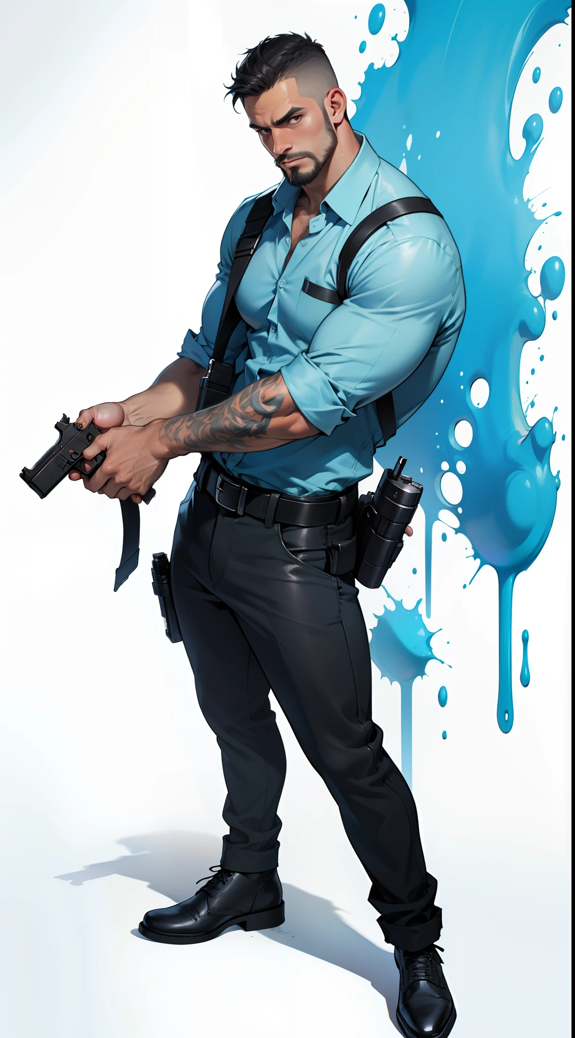1 man, male focus solo, middle aged man, tall, lean muscle, light blue shirt, black leather shoulder holster, faded black trouser, full body shot, black short hair, facial hair, holding a pistol with two hands, (pistol:1.2), ultra high quality, masterpiece, low camera angle, intense splashed blue and white paint in the blackground