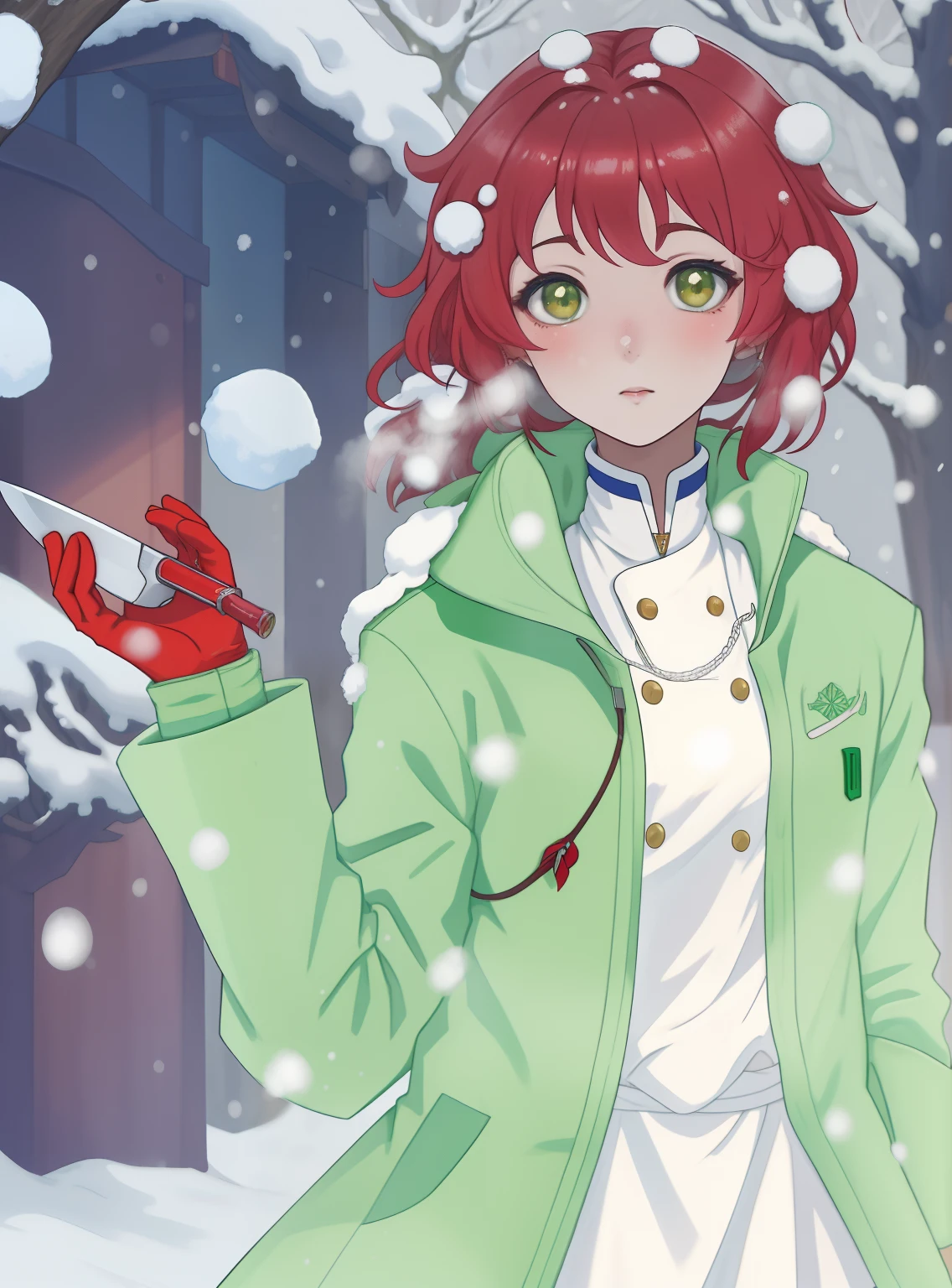 Menina do anime na jaqueta verde segurando uma luva vermelha na neve, inspirado em Yuki Ogura, por Ai-Mitsu, Makoto, por Josetsu, em estilo anime, frio, em estilo anime, Estilo anime", por Ei-Q, inspirado em Un'ichi Hiratsuka, only snow i the background, Makoto Shinka, como um personagem de anime, Chef's knife holding in hand , cabelo curto castanho escuro detalhe, cor dos olhos vermelho claro detalhe alto, gotas de sangue no rosto