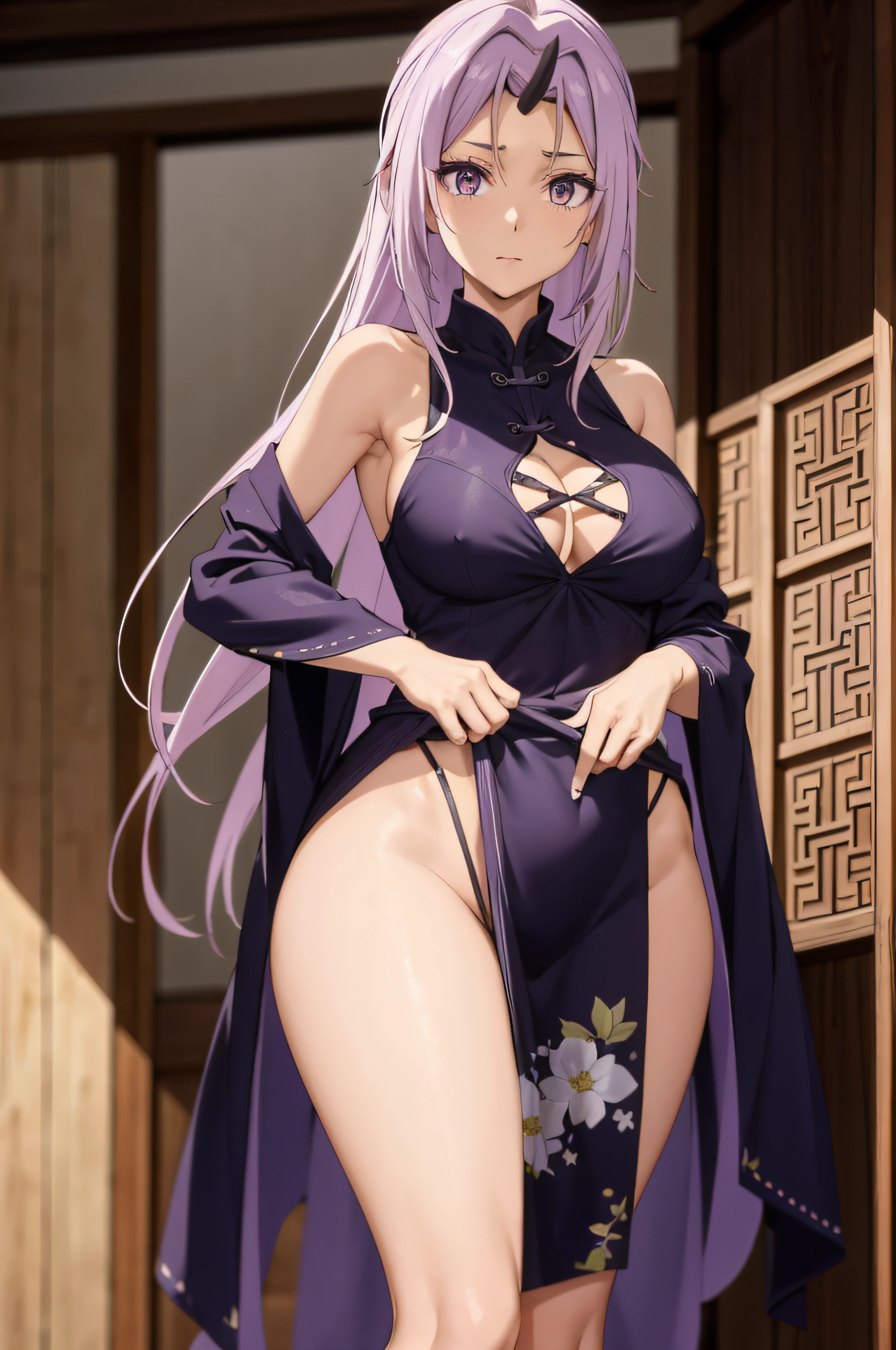 Shion (( best quality)), (( master part)), (circunstanciado), 1girl, franja,bikini,  retention, cabelos longos, outdors, cabelo roxo, olho rosa escuro, Chifre singple, , sozinho, cabelos muito longos, no emotion, Roupas chinesas Cheongsam transparente, (( programa )), calcinha crotchless