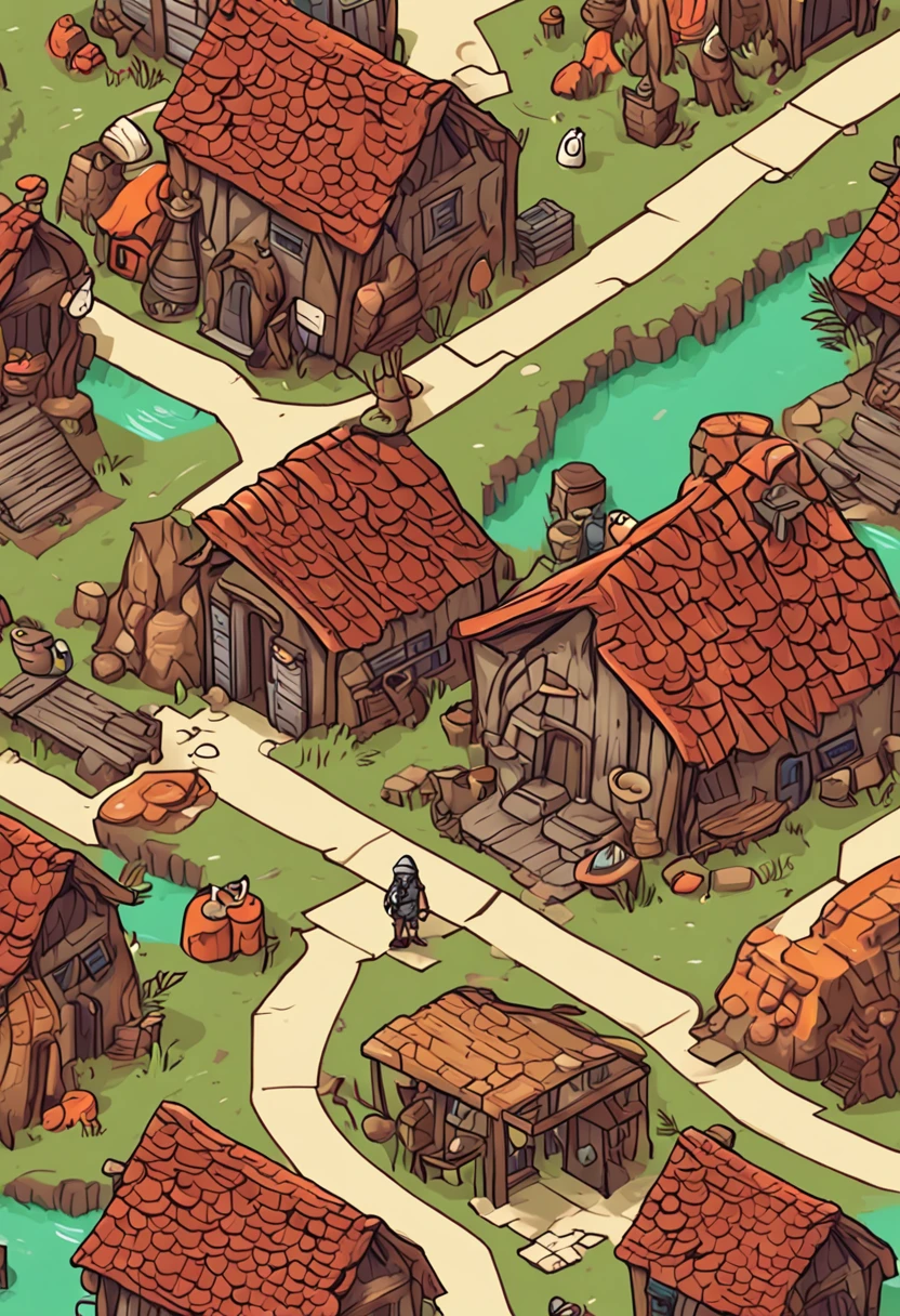 isometric house, estilo rpg, caricaturas, dnd, fantasia, Mobile Game,homem primitivo,osso de animal,pedra,Madeira, suspenso no ar