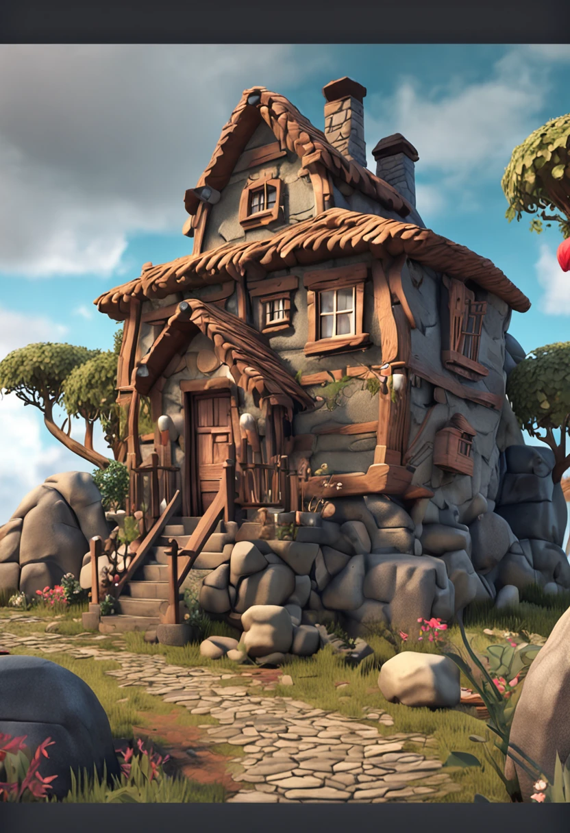 isometric house, estilo rpg, caricaturas, dnd, fantasia, Mobile Game,homem primitivo,osso de animal,pedra,Madeira, suspenso no ar