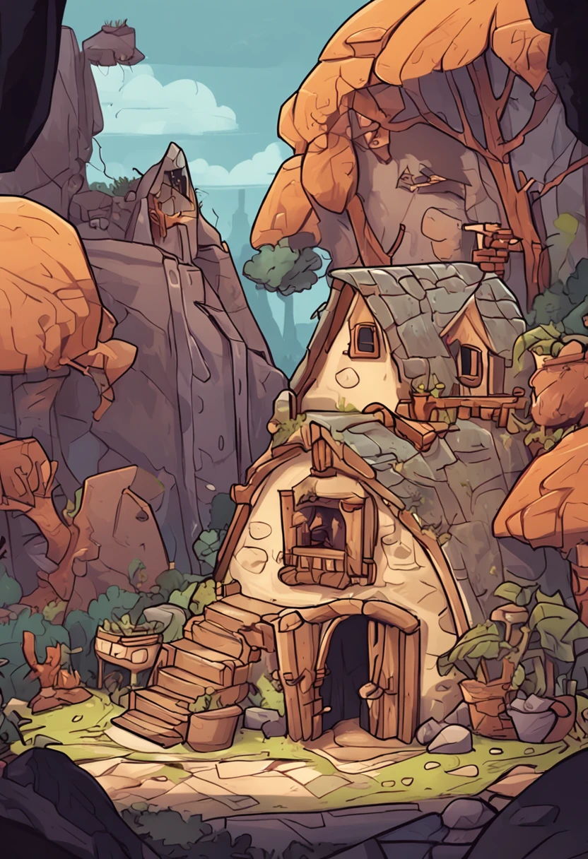 isometric house, estilo rpg, caricaturas, dnd, fantasia, Mobile Game，homem primitivo，osso de animal，pedra，Madeira, suspenso no ar