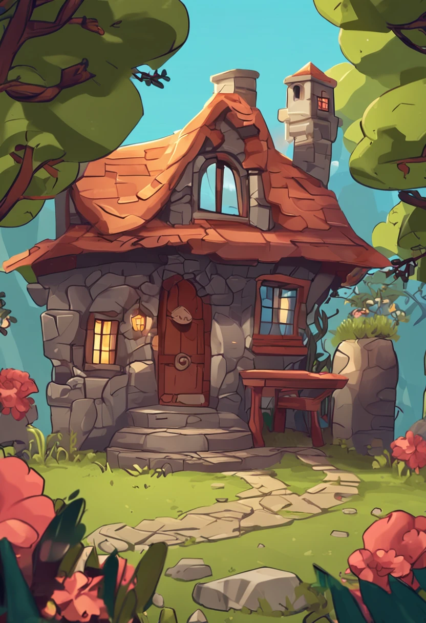 isometric house, estilo rpg, caricaturas, dnd, fantasia, Mobile Game,homem primitivo,osso de animal,pedra,Madeira, suspenso no ar