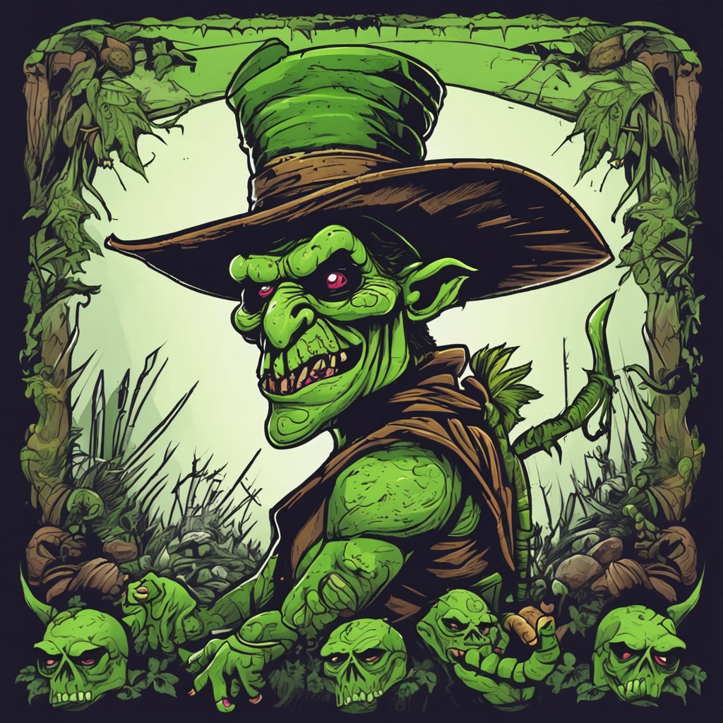 Cartoon of a man with a hat and a green face, alligator shaman, archwizzard in a hat, um pirata goblin, design de personagem monstro, Orc fundido com videiras, Estilo Rato Fink, Lagarto, Criatura da loucura, retrato verde do duende, medium portrait of a goblin, Retrato de um Duende, monstro feio, arte do lagarto, Bebia goblin fantasia
