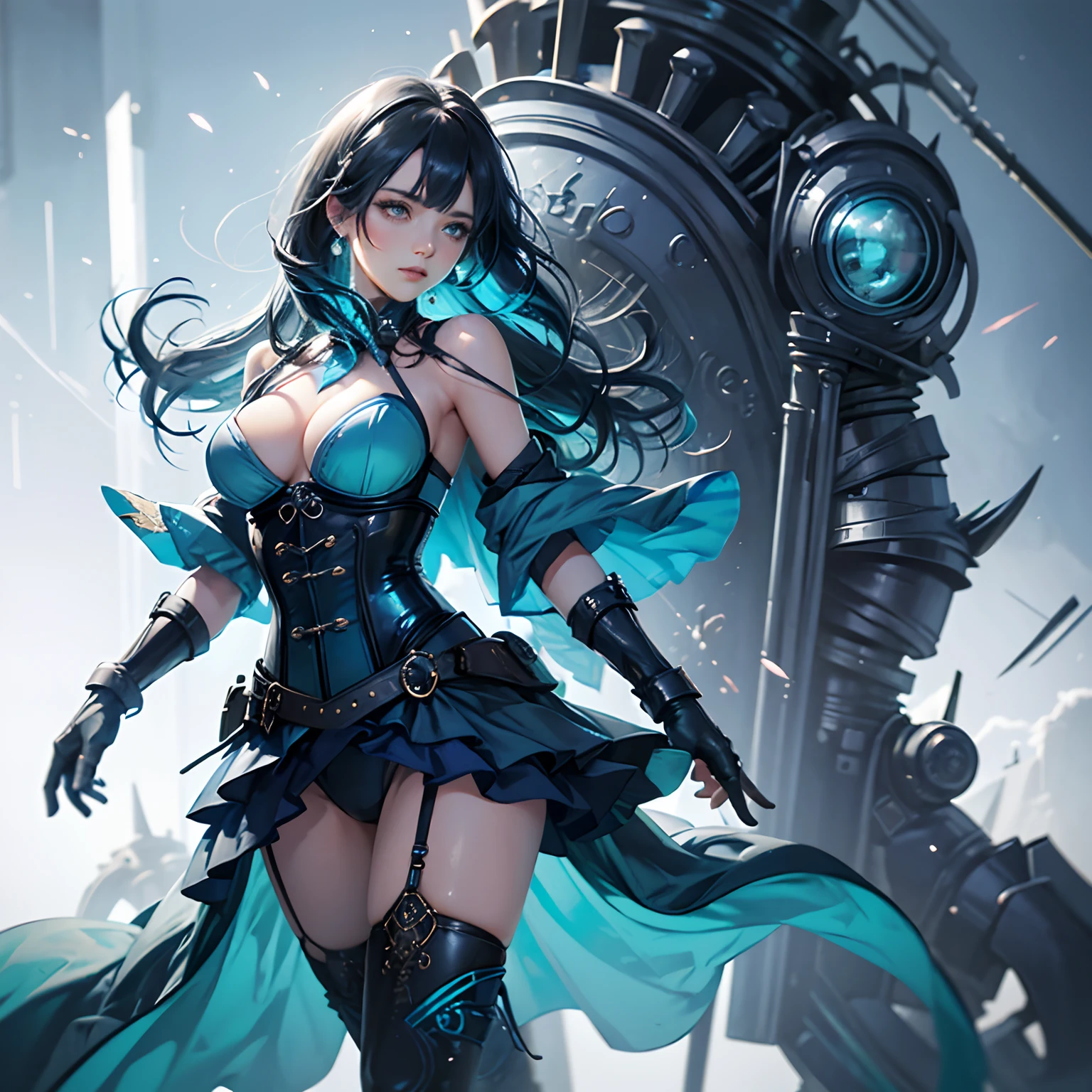 Face-centric,Woman in blue dress and blue tie, blue undergarments, cyan corset, costume with blue accents, upper torso included, Open V chest clothes, upper body avatar, hands behind her body pose!, short torso, mid body portrait, blue corset, wide torso, clear outfit design, inverted triangle body type