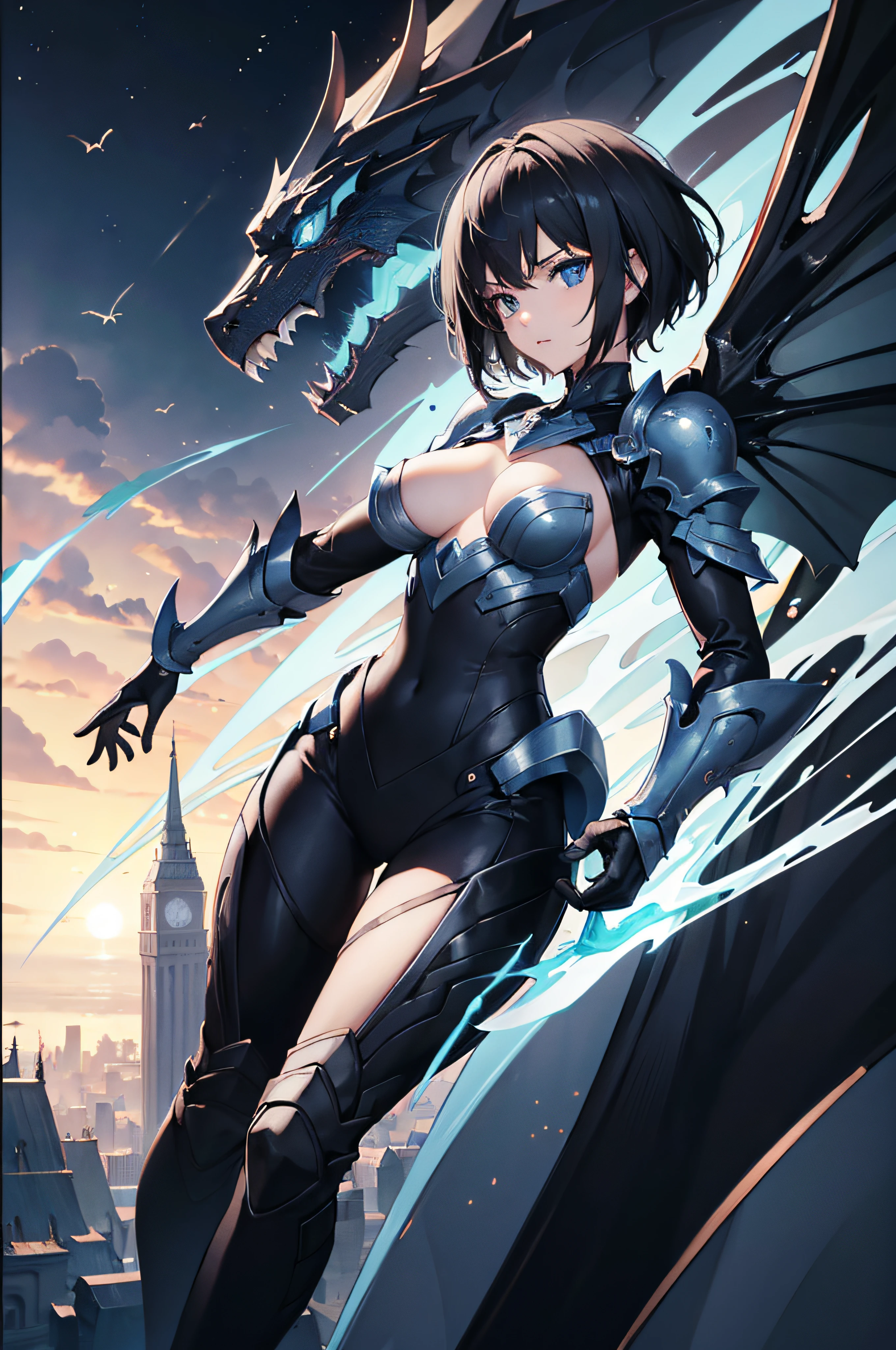 1girl, short black hair, blue eyes, wearing dragonic like sexy white armor, city, absurdres, high res, ultrasharp, 8K, masterpiece, looking at viewer, stardust