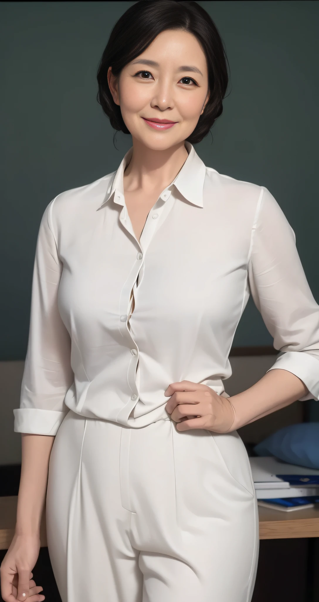 A Chinese intellectual and beautiful middle-aged woman, around 50 years old, slightly plump, Wangfu shaped, tall, round and plump, with a happy smile, the highest image quality, ultra-high definition, ultra-high resolution, top image quality, perfect details, lifelike perfection, masterpiece, exquisite, master work, a mature and beautiful woman, oval face, brown hair and curly hair, big eyes, long eyelashes, dimples, wrinkles on the face, middle-aged and elderly feeling, mature appearance, virtuous wife and mother, Dynamic angle, full body photo, standing, at home, wearing a white dress