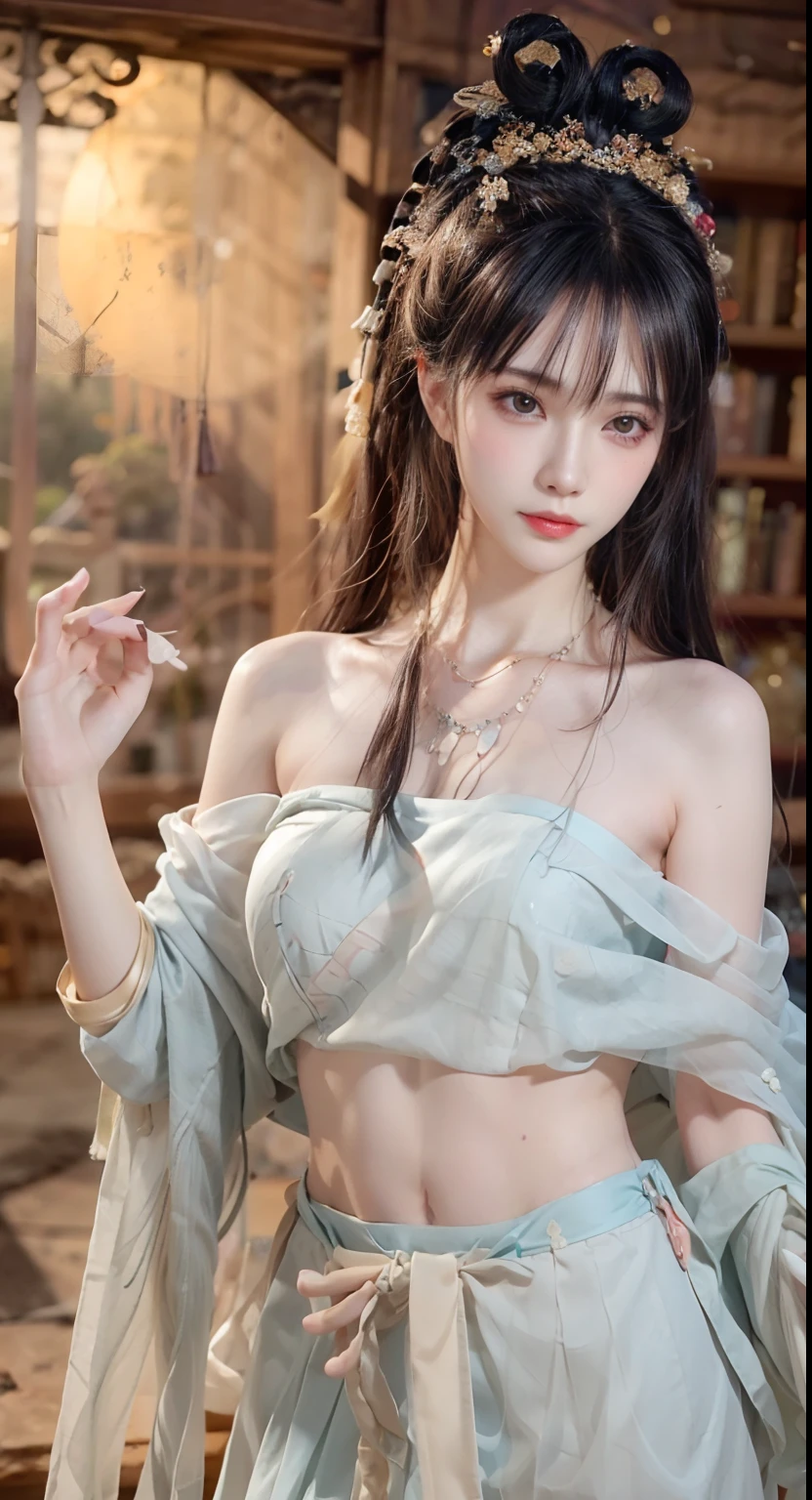 Bust photo,a beautiful female,messy hair,s girl,Symmetrical bun,hair adornments,jewelry,The face is delicate,Crop topping,showing belly,cropped shoulders,Wrap in a bath towel,Fine fine skin,Soft light effects,Delicate and smooth hair,exquisite detailing,Eye highlights,Fair skin,Fine portrayal,Ultimate detail,Cinematic quality,being thin,slenderness,Fragmentation,hair detail,Thin bangs,Shawl hair,Correct bodies,shadowing,Air bangs,8K,Super meticulous,Fine fabric texture,softness,complaisant,Smooth texture,Delicate pattern,Correct hand drawing,smile, tsurime, Surrealism, ray tracing, UHD, high details, super detail, highres, 8k, high quality, high details, textured skin, ccurate