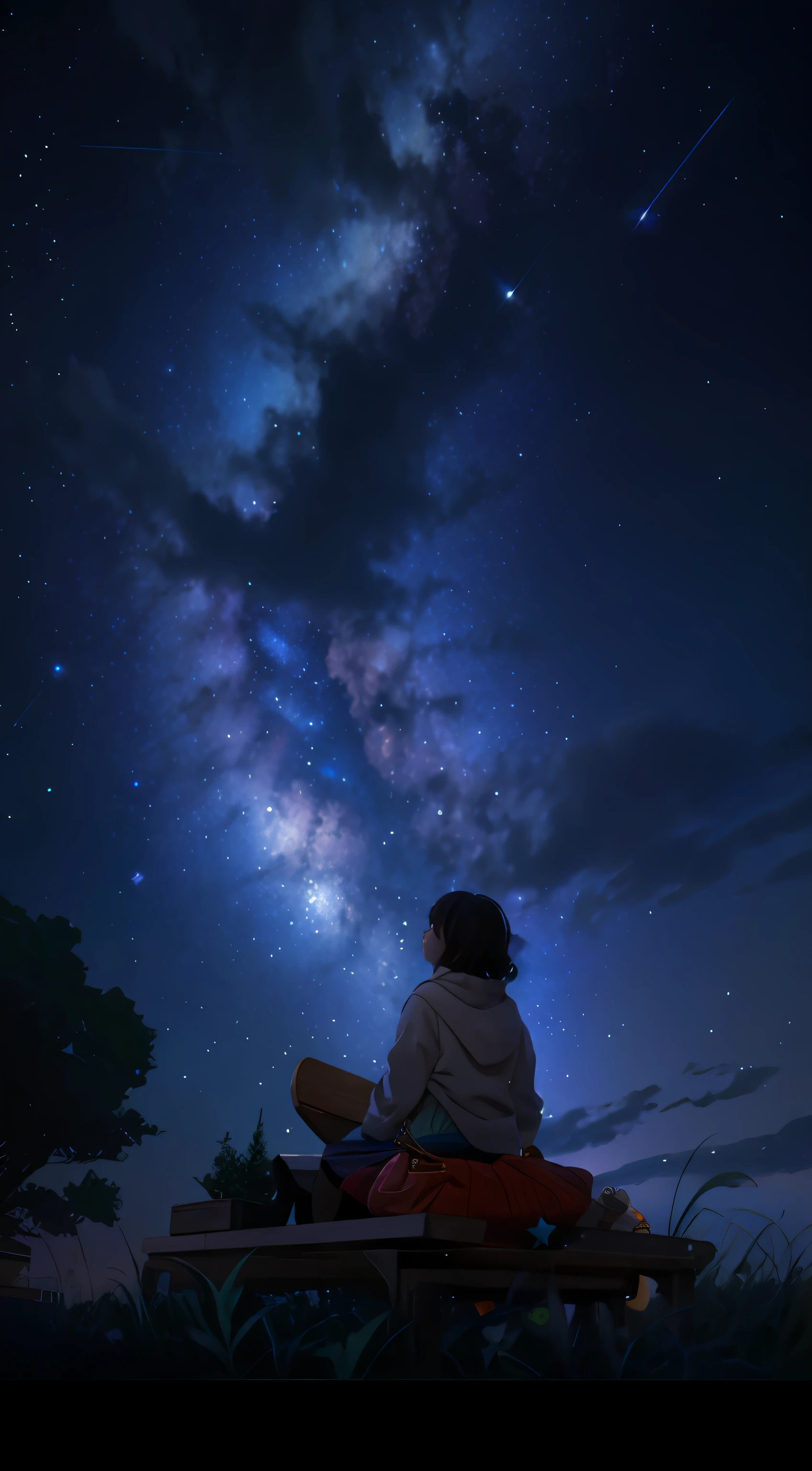 Starry night sky with a man sitting on a bench, girl looks at the space, cosmic skies. por makoto shinkai, noite calma. digital illustation, sitting on the cosmic cloudscape, Makoto Shinkai Cirilo Rolando, estrela(heaven) estrelado_heaven, Olhando para as estrelas, Olhando para o cosmos, Olhando para as estrelas