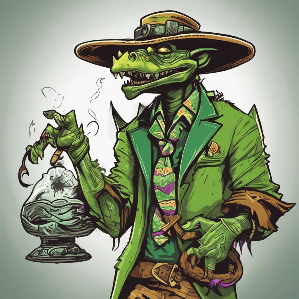 Cartoon of a man with a hat and a green face, alligator shaman, archwizzard in a hat, um pirata goblin, design de personagem monstro, Orc fundido com videiras, Estilo Rato Fink, Lagarto, Criatura da loucura, retrato verde do duende, medium portrait of a goblin, Retrato de um Duende, monstro feio, arte do lagarto, They drank goblin costume The adventurers thanked the alligator shaman and departed. They used the spell to defeat their enemies and save the day. They never forgot the help of the alligator shaman, e sempre o consideraram um amigo.