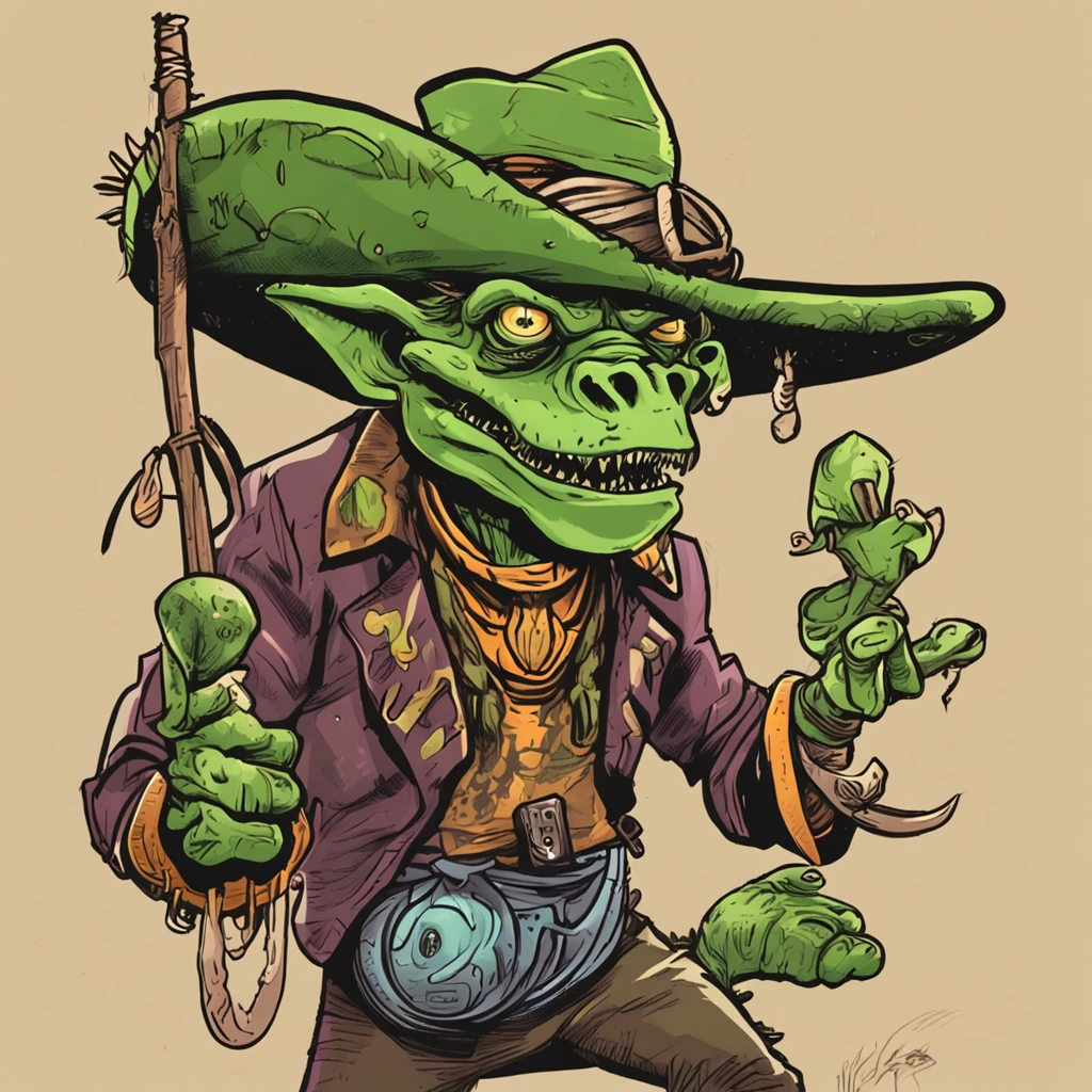 Cartoon of a man with a hat and a green face, alligator shaman, archwizzard in a hat, um pirata goblin, design de personagem monstro, Orc fundido com videiras, Estilo Rato Fink, Lagarto, Criatura da loucura, retrato verde do duende, medium portrait of a goblin, Retrato de um Duende, monstro feio, arte do lagarto, They drank goblin costume The adventurers thanked the alligator shaman and departed. They used the spell to defeat their enemies and save the day. They never forgot the help of the alligator shaman, e sempre o consideraram um amigo.