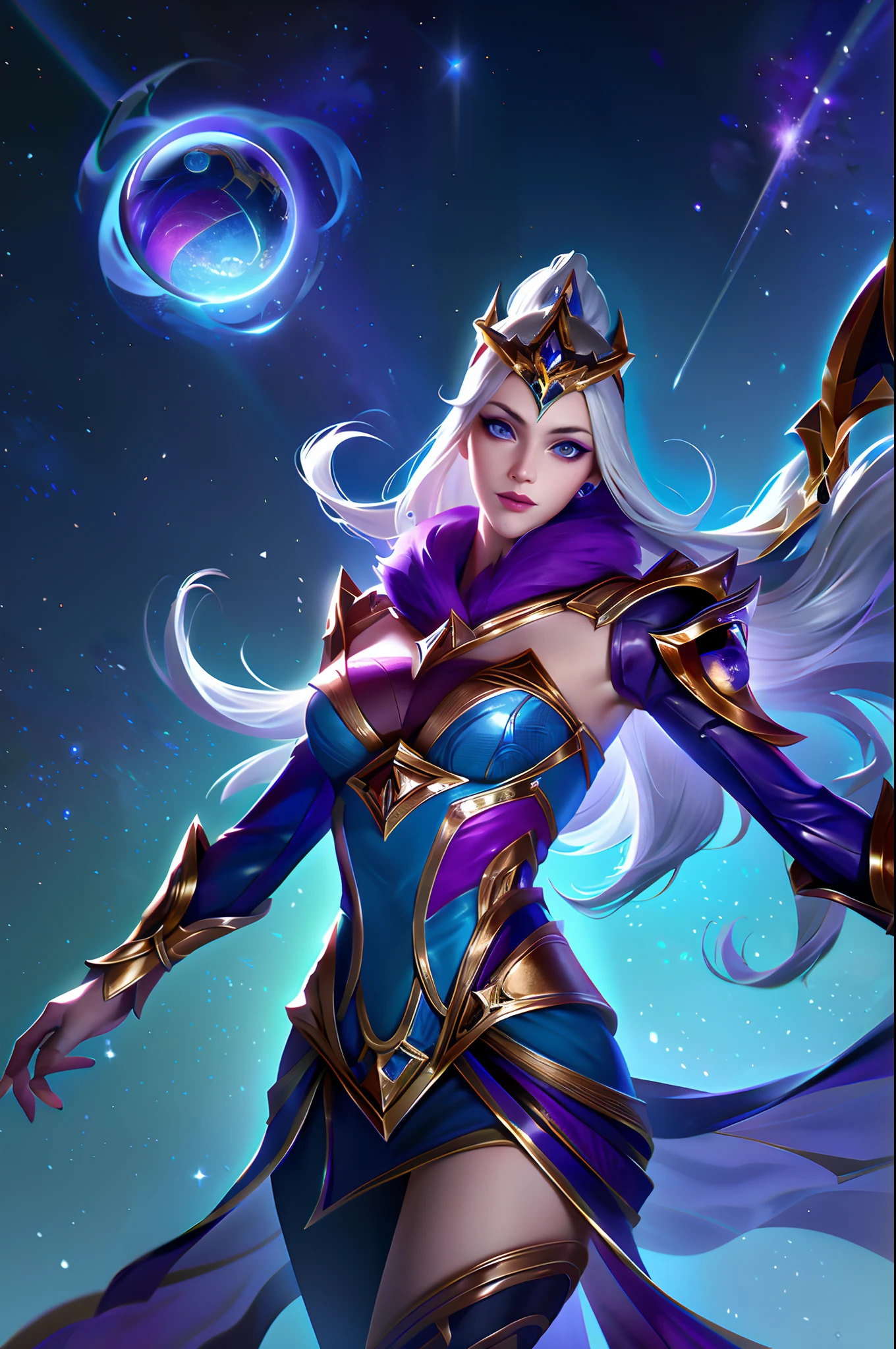 (League of Legends:1.5),Astrid, the Graviton Slinger, is depicted in her splashart as a powerful and enigmatic force, wielding her gravitational manipulation abilities with mastery. The scene takes place in a celestial realm, where stars and cosmic energy illuminate the vastness of space.

Astrid possesses an otherworldly beauty, with flowing silver-white hair that seems to shimmer with the brilliance of distant stars. Her skin has a faint celestial glow, radiating with the power she commands. She wears a sleek, futuristic suit adorned with intricate patterns that resemble constellations and gravitational fields. The suit hugs her figure, emphasizing her strength and agility.

In the center of her palms, Astrid generates orbs of gravitational energy, each pulsating with vibrant hues of purple and blue. These energy orbs form the foundation for her gravitational abilities. Surrounding her, smaller orbs and filaments of energy spin and orbit, representing the gravitational fields she creates and manipulates.

Astrid's eyes emit an intense, piercing gaze, glowing with the same gravitational energy that courses through her. Her expression conveys both focus and determination, revealing her unwavering control over the forces she wields.

The backdrop of the splashart showcases the vast expanse of space, filled with distant galaxies and nebulae. Ethereal strands of gravitational energy weave through the cosmos, forming intricate patterns and connecting celestial bodies. The scene creates a sense of awe and wonder, as Astrid harnesses the fundamental forces of the universe.

The color palette is dominated by deep purples, blues, and blacks, reflecting the cosmic nature of Astrid's powers. The vibrant energy orbs stand out against the dark backdrop, adding a dynamic and captivating element to the splashart, splashart, linhas de corpo, cores vibrantes, detalhes requintados, cinemactic, artstation, rosto detalhado, por rossdraws, por Kienan Laf,normal hands,holding ball,