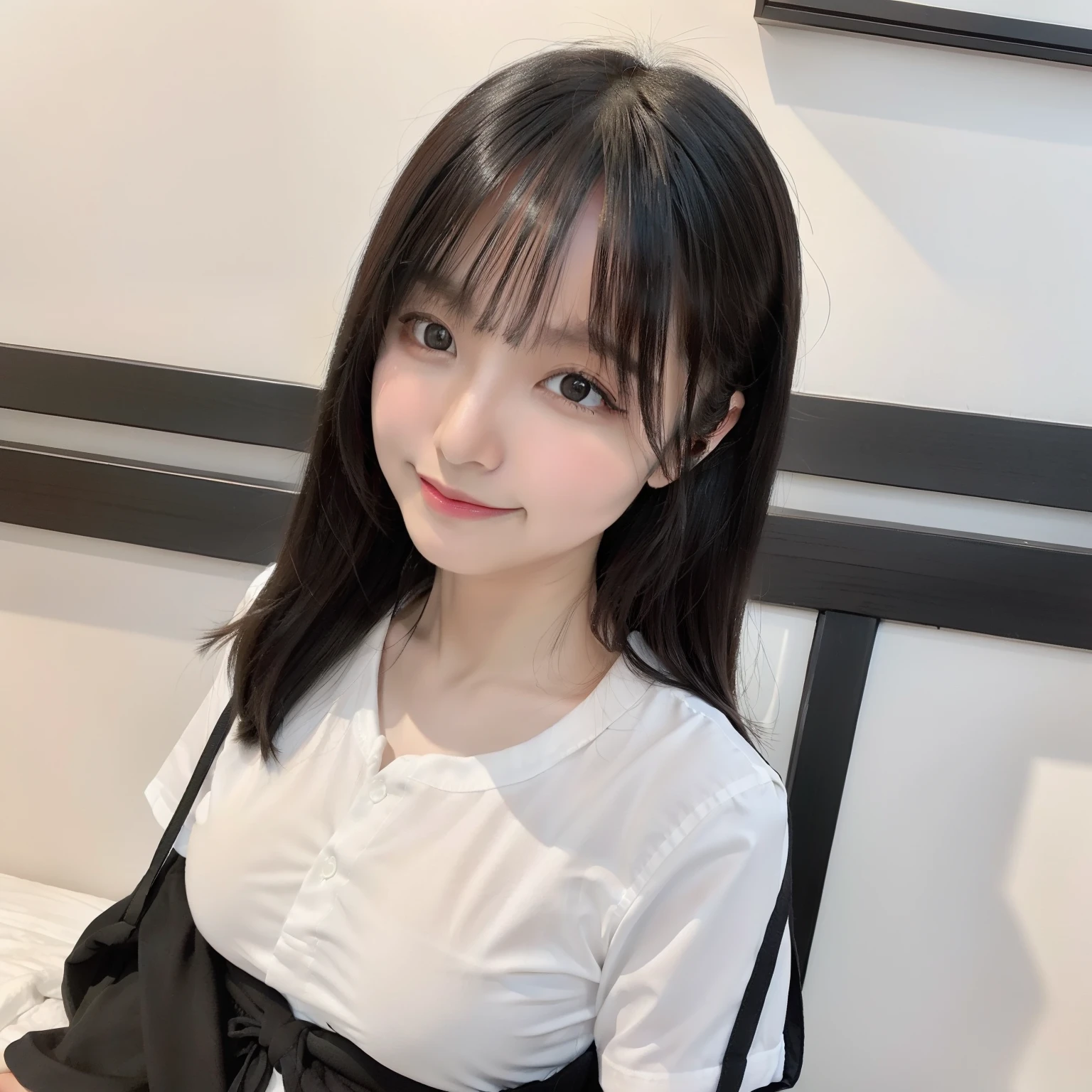 qulity, A hyper-realistic, (realisitic:1.3)、top-quality、超A high resolution、SLR、Instagram、Very delicate、Look at viewers、Japan 1 woman(A dark-haired、shorth hair、Black eye、、Colossal tits、Delicate body、cute little、adolable、kindly smile)、Japanese high school students(T-shirt with black and white border)、Sunlight、Photos of the Japan in Omotesando(Free Pose、Bust-up shot)