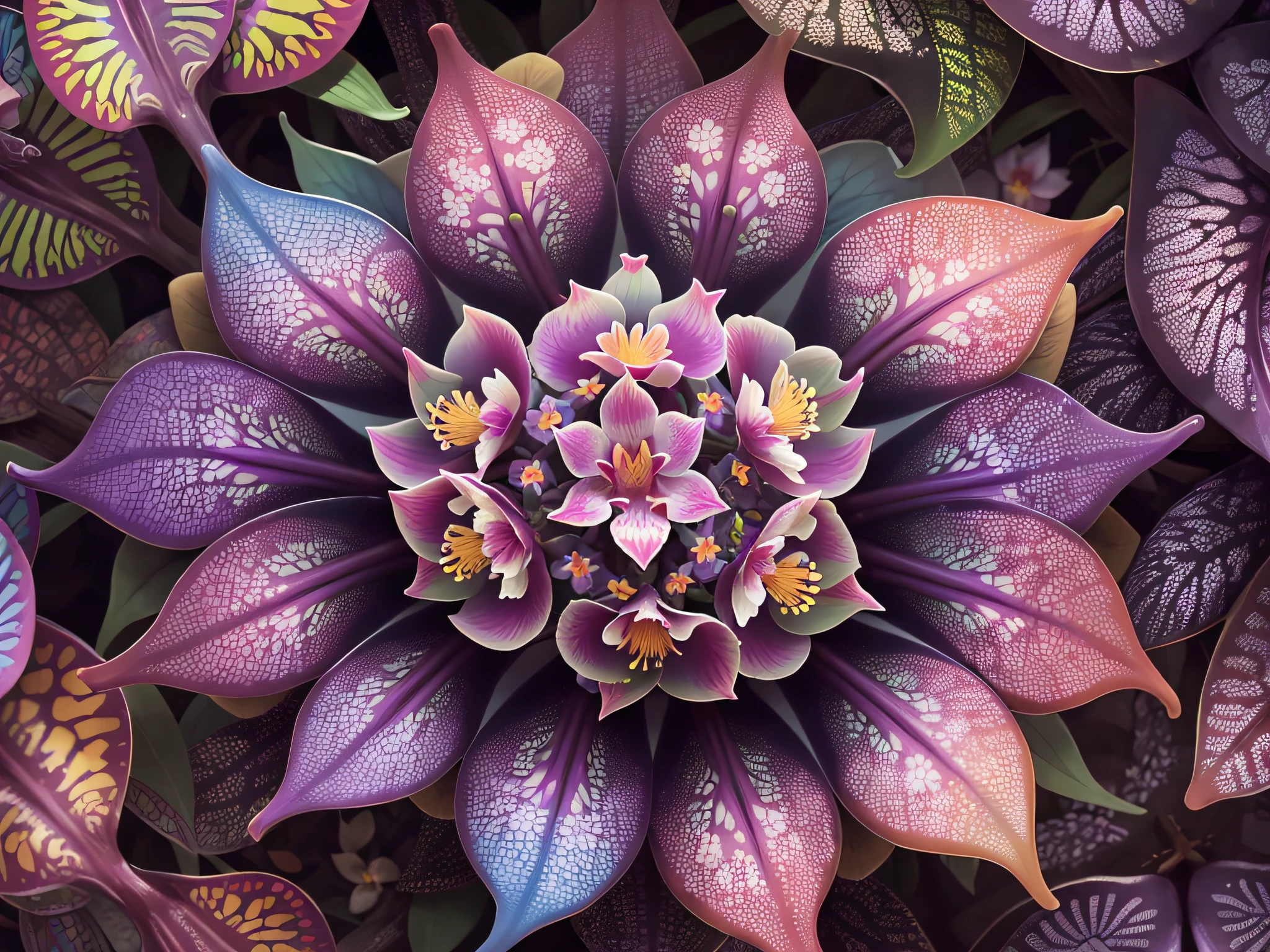 "((Multicolored + vibrant) * 1.3) kaleidoscope vision * 1.1, (Hedera helix + orchids) * 1.2), realistic masterpiece of ultra-definition, unparalleled high resolution, perfection in quality. --en"