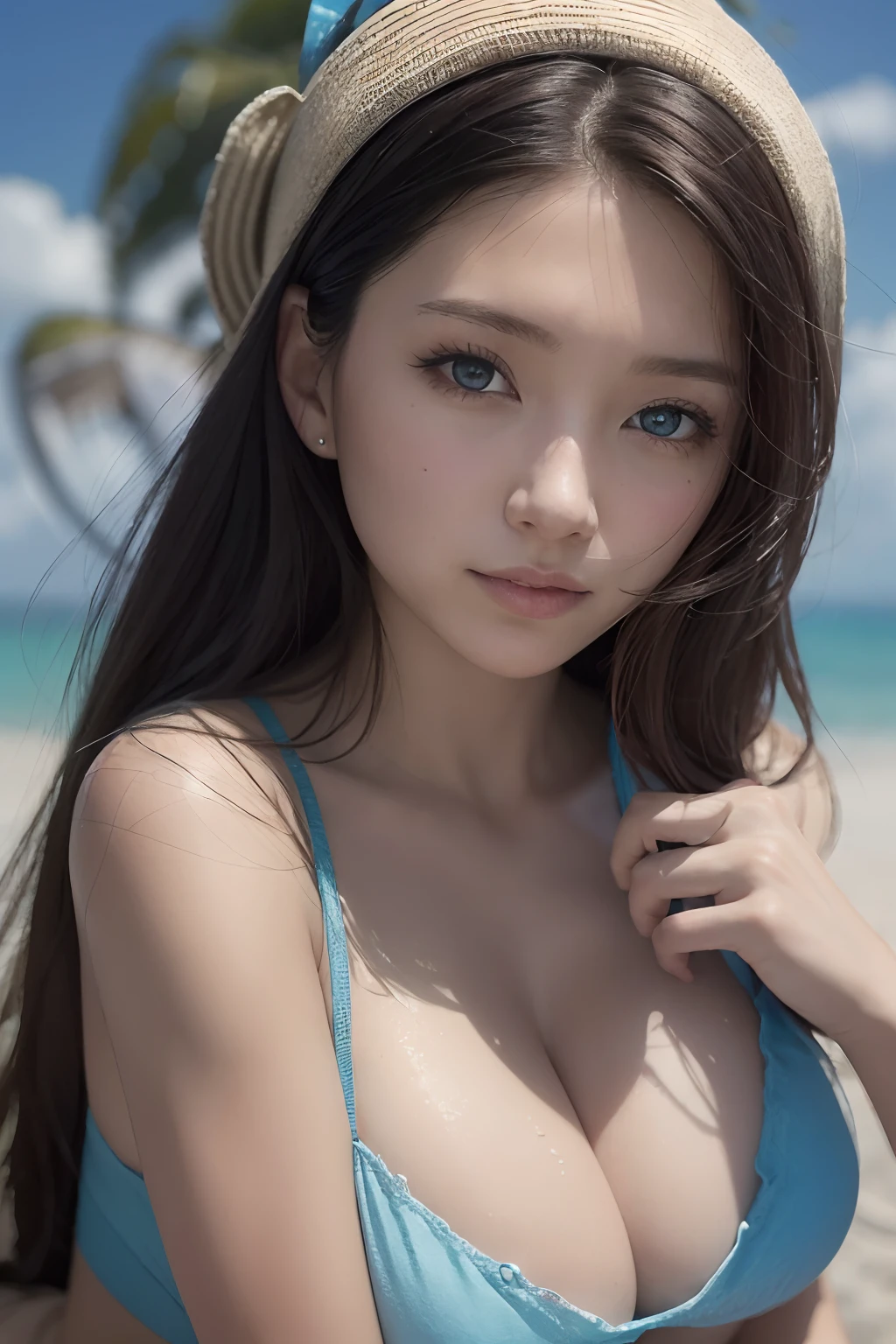 ((the highest quality、A masterpiece:1.3))、((Beautiful Russian women))、1 female、18 year old 、enormous breast:1.3、Slender body type:1.1、toned abs、Blonde semi-long hair、(BEATCH、Wet body、Cute Bikini:1.1)、Super detailed face、detailed lips、detailed eye、Double eyelidd、beach ball、a smiling look、Blue Sky、clouds、looking left、Kneeling、blue eye、wide  shot