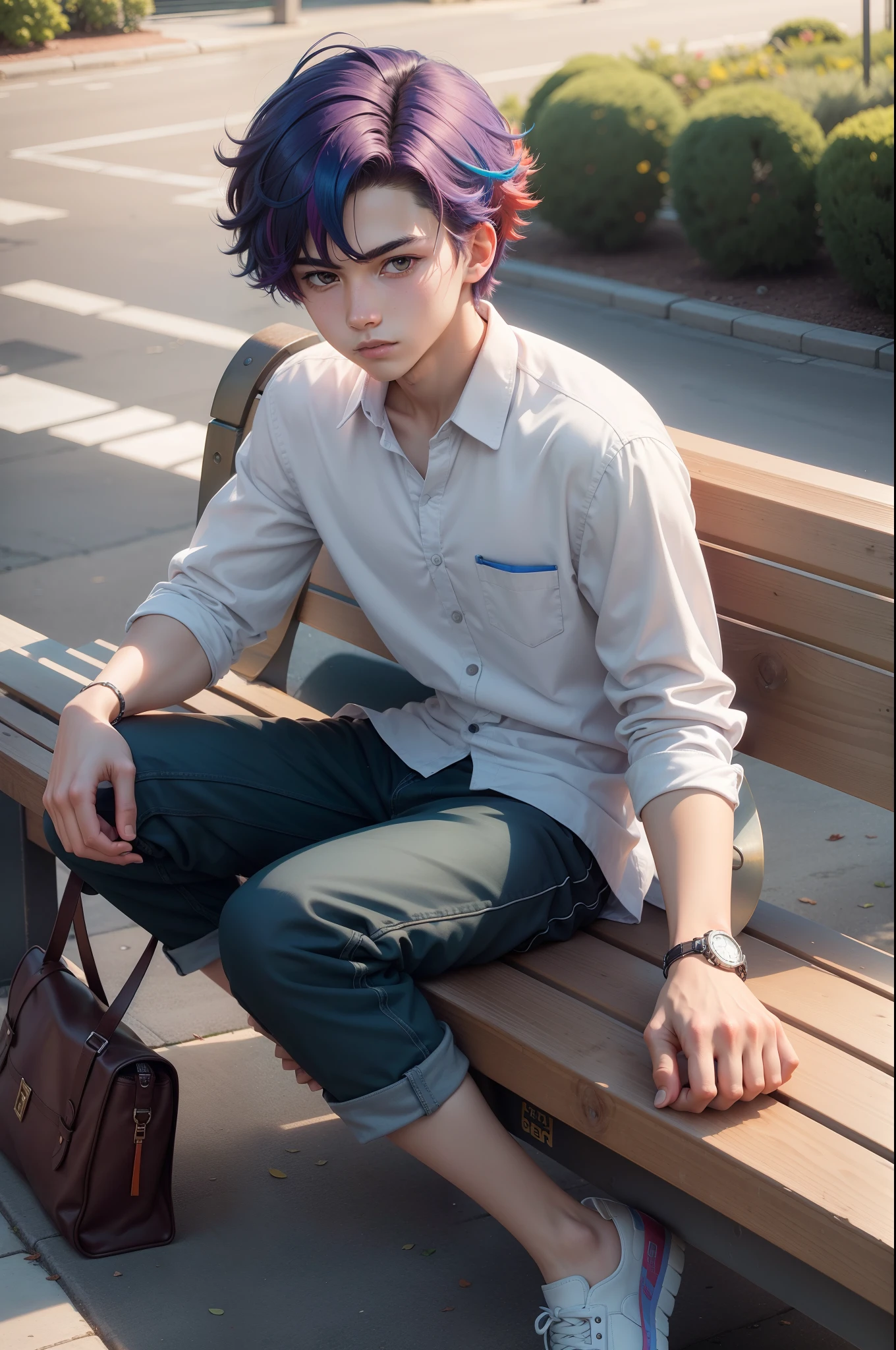  boy, colorful hair, handsome, detailed, high quality professional photo, sitting on park bench, no pants and underwear, in long shirt