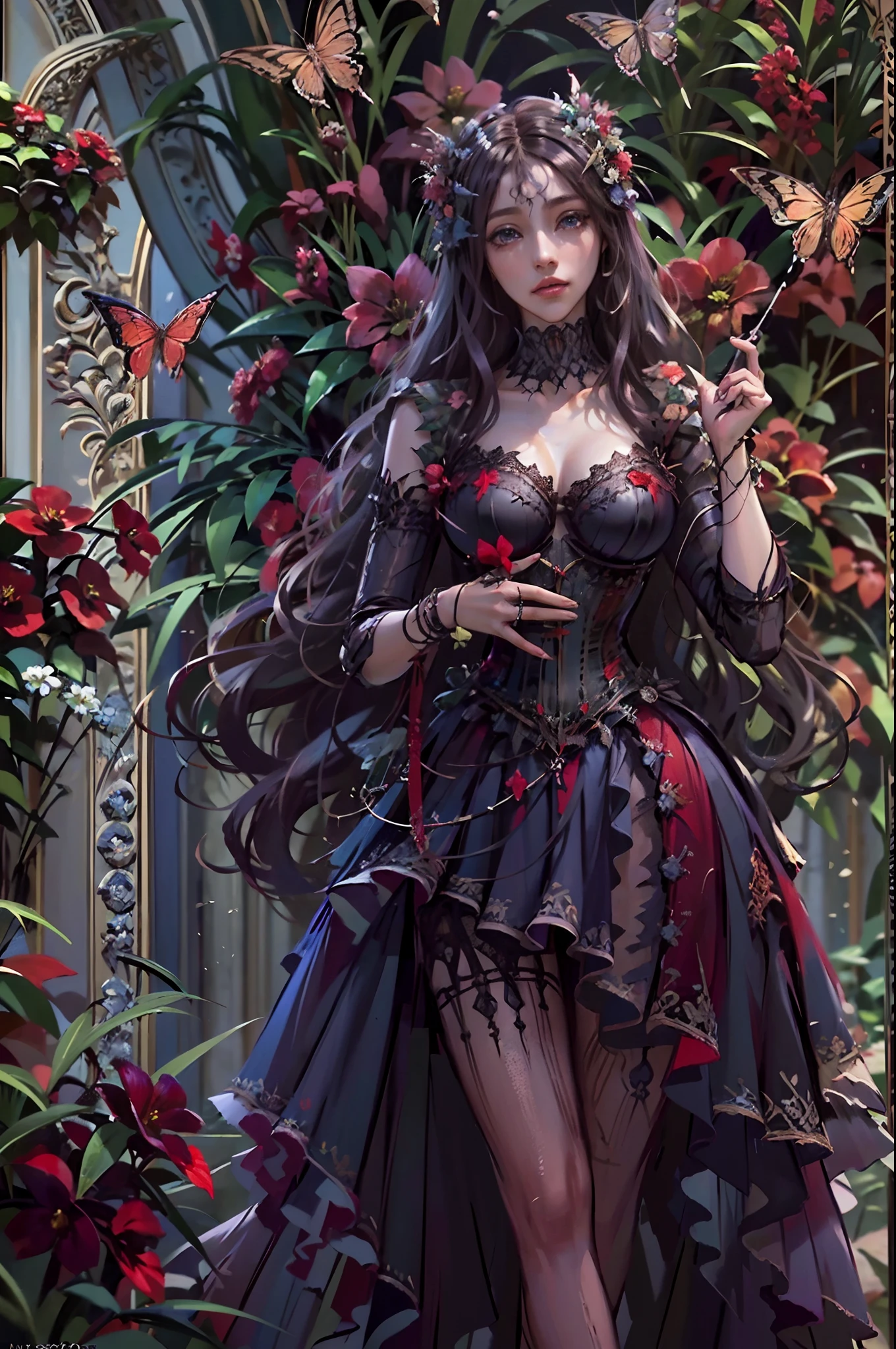 high details, best quality, 16k, RAW, [best detailed], masterpiece, best quality, (extremely detailed), full body, ultra wide shot, photorealistic, dark fantasy art, goth art, RPG art, D&D art, a picture of a dark female fairy showing flowers in a florist shop, extremely beautifil fairy, ultra feminine (intense details, Masterpiece, best quality), best detailed face (intense details, Masterpiece, best quality), having wide butterfly wings, spread buterfly wings (intense details, Masterpiece, best quality), dark colors wings (intense details, Masterpiece, best quality), black hair, long hair, shinning hair, flowing hair, shy smile, innocent smile, blue eyes, dark red lips, wearing [red] dress latex corset (intense details, Masterpiece, best quality), dynamic elegant shirt, chocker, wearing high heels, in flower shop (intense details, Masterpiece, best quality), [extreme many flowers] (intense details, Masterpiece, best quality), dark colorful flowers (intense details, Masterpiece, best quality), flower shop in a dark goth era street background, High Detail, Ultra High Quality, High Resolution, 16K Resolution, Ultra HD Pictures, 3D rendering Ultra Realistic, Clear Details, Realistic Detail, Ultra High Definition