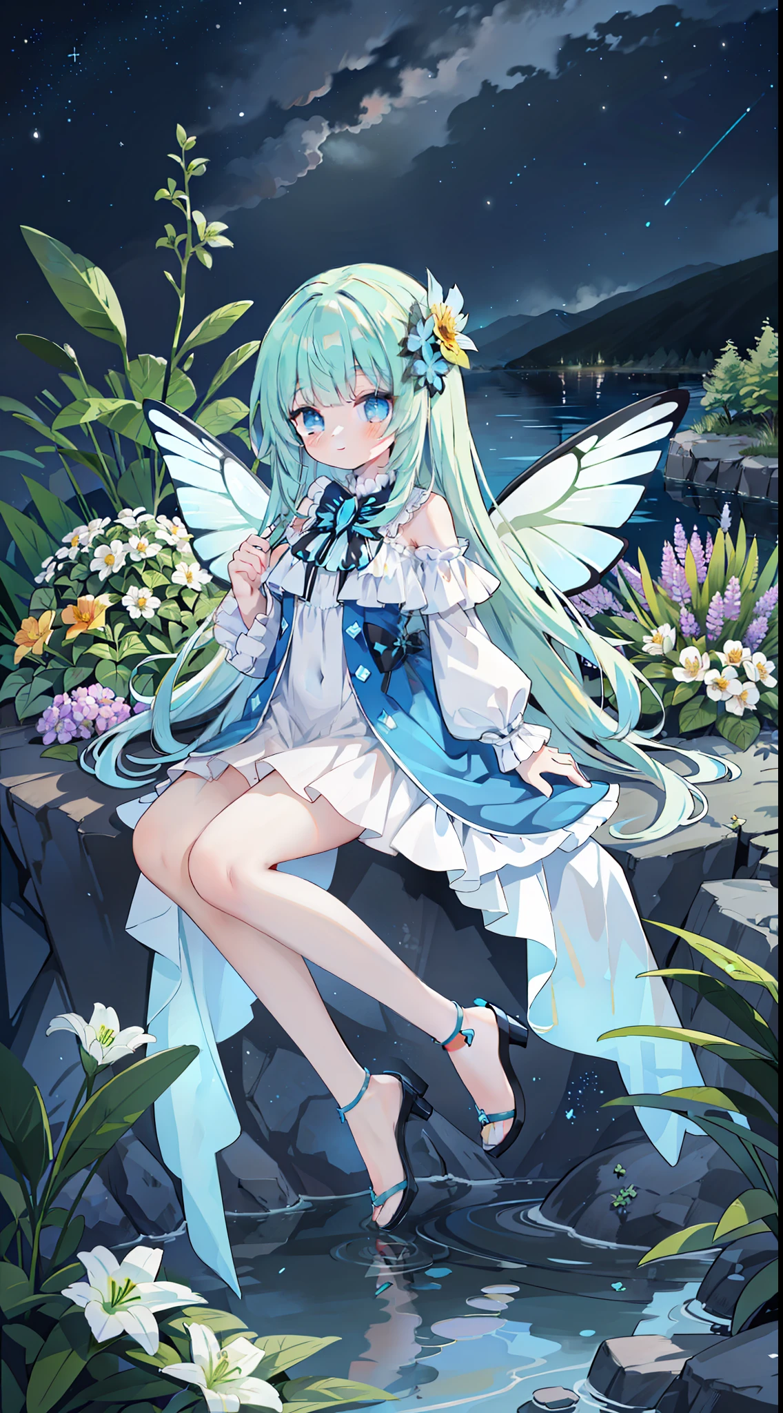 Fantaste Style, Mountain at sunset, Sunset, cloudy day, Rock, Atmospheric perspective, landscape, A hill, lake, Valley, Water, Sunlight,mountainous setting, Girl walking in the valley, (((fullllbody)))
+++
Beautiful detailed flower garden girl, Night, Starry sky, depth of fields, Beautiful detailed eyes,Hyper Detailed,flower,hyper quality,,Eyes,Flowers and hair are the same color, Blue butterfly, bug, butterfly, white butterfly, flower, Yellow butterfly, Lily (flower), white blossoms, glowing butterflies, Butterfly wings, 1girl in, Solo, fronds, Floral background, ((fullllbody))