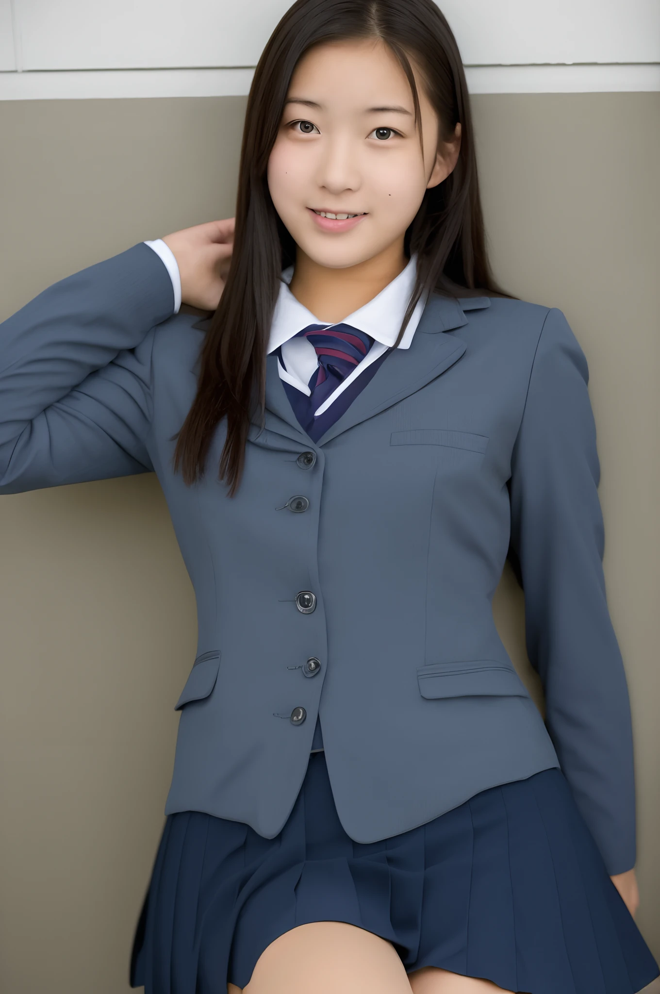 Navy blue blazer,Dark blue plaid pleated skirt,tie,,high school girl,Black Hair,bangs,Straight Hair,Twin tails,Dark Eyes,Small Face,Young face,Clean eyes,Small Mouth,Showing teeth,slender,Young face,,Flat chest,Flat chest,Flat chest,Flat chest,classroom,live-action,Realistic photos,8K,Smile,White teeth,Ultra HD,Standing posture,whole body,Ruck sack,