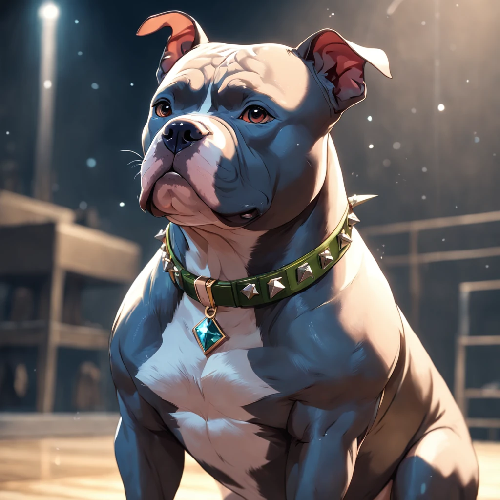 "Masterpiece, American bully with color accent, Pit bulls , With a collar with conical spikes attached  , Guide matrix style,Elf-style perforated ears, The neckline is decorated with diamonds,  defined muscles, Professional pose for Canon Carmela, Shoot from a dynamic angle, Provide the best quality in amazing 4K resolution."