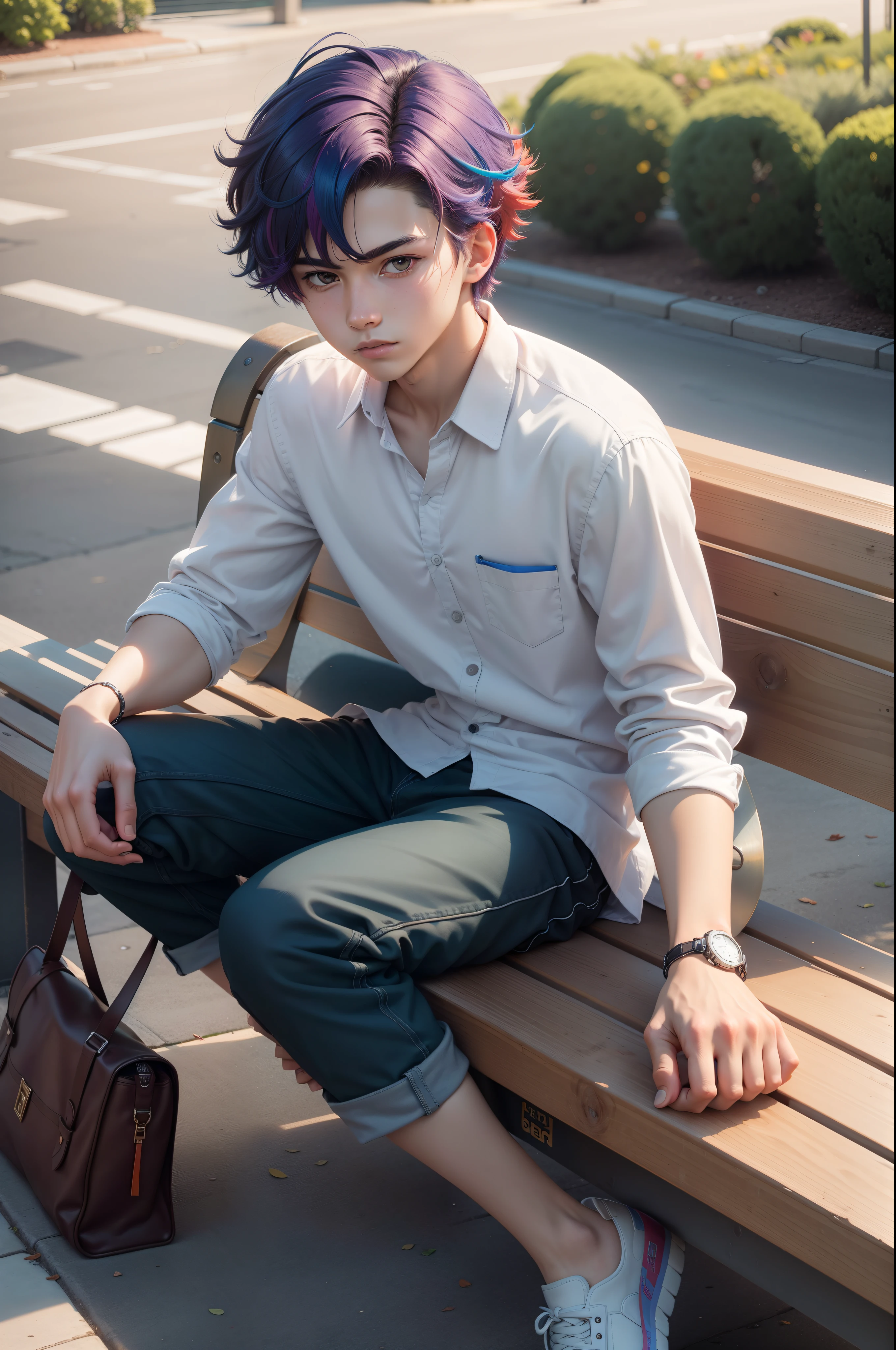 Teenage boy, colorful hair, handsome, detailed, high quality professional photo, sitting on park bench, no pants and underwear, in long shirt