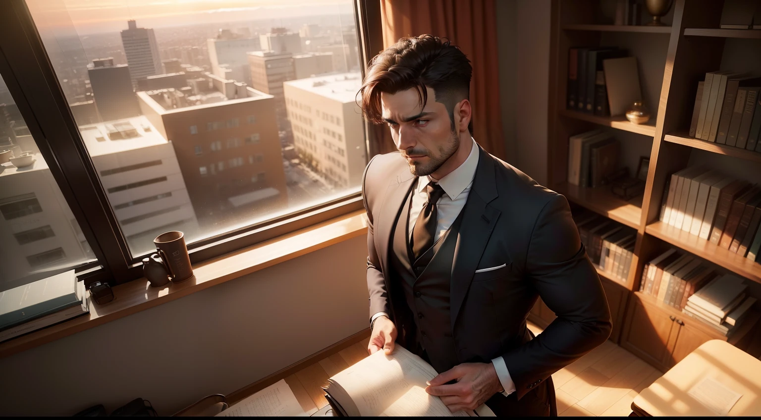 a large room view from the window and sunset coming through the window with office furniture mother chair pictures bookshelves (A 34-year-old man, piercing amber eyes, dark hair cut, broad shoulders and well-crafted physique, his elegant style and tailored suits, his expression serious and concentrated, vision from afar), --seed 633623440