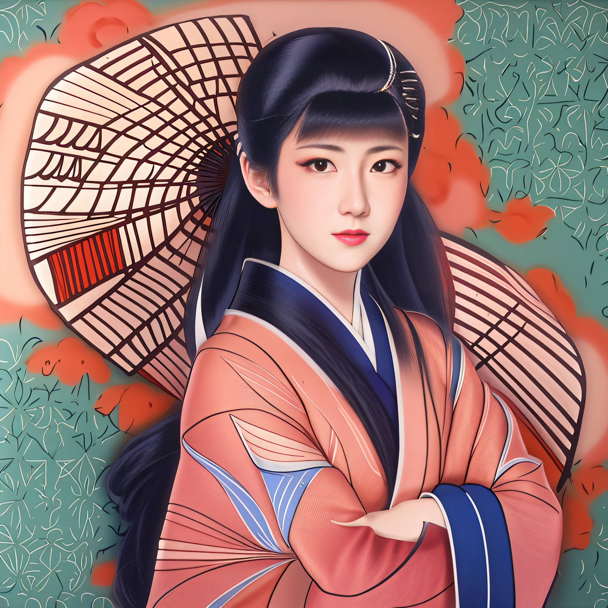 there is a woman with a parasol on her head, mulher japonesa elegante, Retrato da gueixa, No estilo de arte de Ukiyo - E, Retrato de uma gueixa, Retrato de uma gueixa bonita, inspired by Uemura Shōen, inspired by Itō Shinsui, Mulher japonesa, Retrato de Mulan.