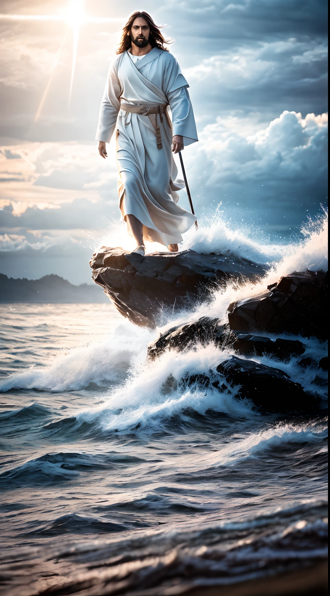 Jesus walking on water in a storm, gentle expression, streaks of light coming down from the sky, masterpiece, highest quality, high quality, highly detailed CG unit 8k wallpaper, award-winning photos, bokeh, depth of field, HDR, bloom, chromatic aberration, realistic, very detailed, trending at artstation, trending at CGsociety, complex, high detail, dramatic, mid-journey art, volumetric lighting