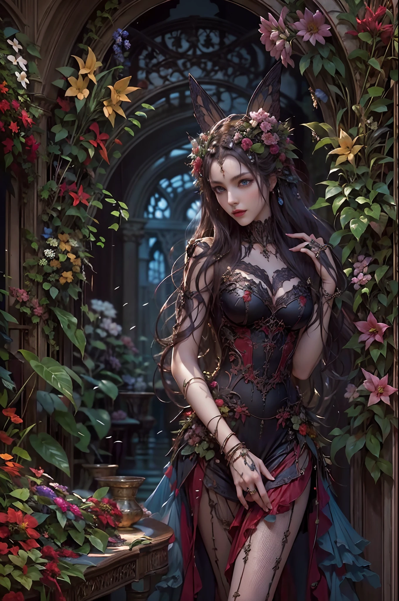 high details, best quality, 16k, RAW, [best detailed], masterpiece, best quality, (extremely detailed), full body, ultra wide shot, photorealistic, dark fantasy art, goth art, RPG art, D&D art, a picture of a dark female fairy showing flowers in a florist shop, extremely beautifil fairy, ultra feminine (intense details, Masterpiece, best quality), best detailed face (intense details, Masterpiece, best quality), having wide butterfly wings, spread buterfly wings (intense details, Masterpiece, best quality), dark colors wings (intense details, Masterpiece, best quality), black hair, long hair, shinning hair, flowing hair, shy smile, innocent smile, blue eyes, dark red lips, wearing [red] dress (intense details, Masterpiece, best quality),, dynamic elegant shirt, chocker, wearing high heels, in flower shop (intense details, Masterpiece, best quality), [extreme many flowers] (intense details, Masterpiece, best quality), dark colorful flowers (intense details, Masterpiece, best quality), flower shop in a dark goth era street background, High Detail, Ultra High Quality, High Resolution, 16K Resolution, Ultra HD Pictures, 3D rendering Ultra Realistic, Clear Details, Realistic Detail, Ultra High Definition