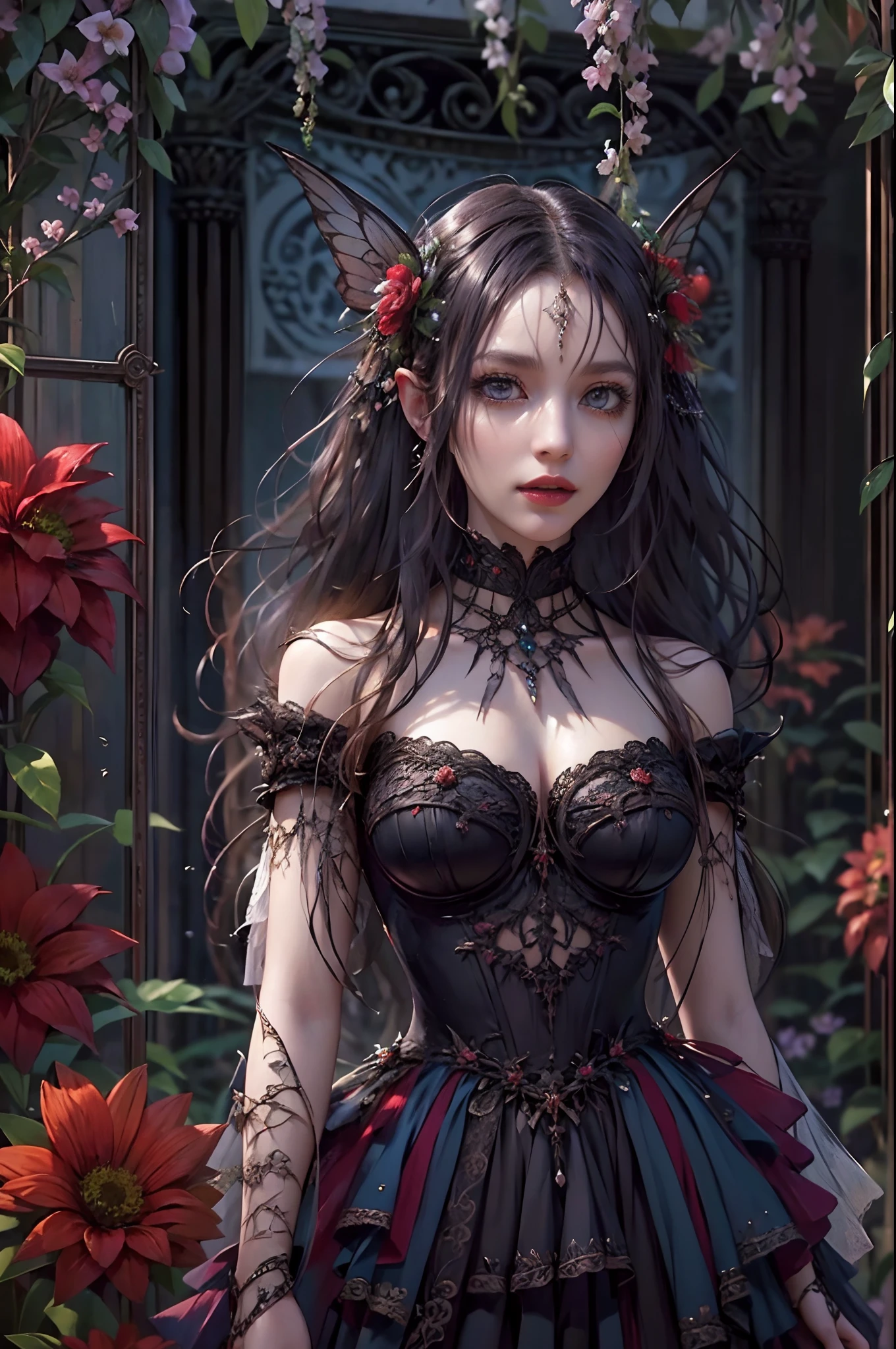 high details, best quality, 16k, RAW, [best detailed], masterpiece, best quality, (extremely detailed), full body, ultra wide shot, photorealistic, dark fantasy art, goth art, RPG art, D&D art, a picture of a dark female fairy showing flowers in a florist shop, extremely beautifil fairy, ultra feminine (intense details, Masterpiece, best quality), best detailed face (intense details, Masterpiece, best quality), having wide butterfly wings, spread buterfly wings (intense details, Masterpiece, best quality), dark colors wings (intense details, Masterpiece, best quality), black hair, long hair, shinning hair, flowing hair, shy smile, innocent smile, blue eyes, dark red lips, wearing [red] dress (intense details, Masterpiece, best quality),, dynamic elegant shirt, chocker, wearing high heels, in flower shop (intense details, Masterpiece, best quality), [extreme many flowers] (intense details, Masterpiece, best quality), dark colorful flowers (intense details, Masterpiece, best quality), flower shop in a dark goth era street background, High Detail, Ultra High Quality, High Resolution, 16K Resolution, Ultra HD Pictures, 3D rendering Ultra Realistic, Clear Details, Realistic Detail, Ultra High Definition