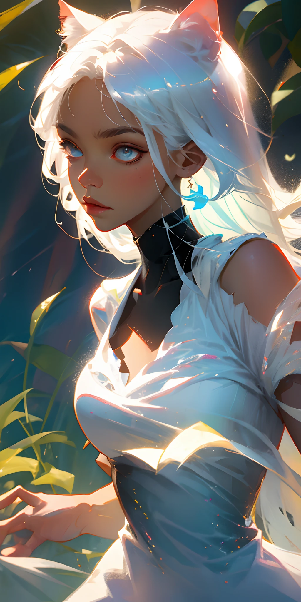 Cat ears white hair white dress girl