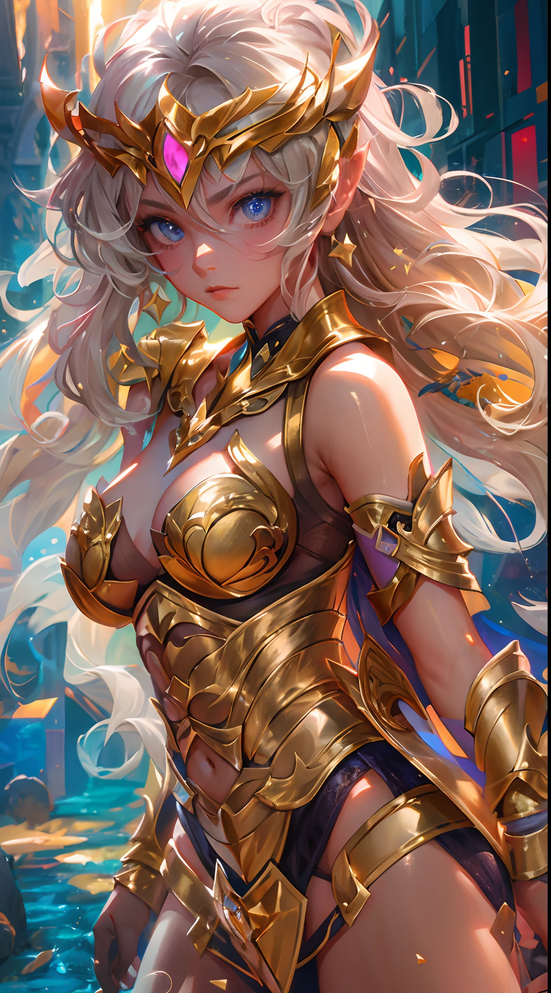 Ultra-high saturation,(tmasterpiece), fully body photo,(best qualtiy), (1girll), starryskybackground,Wearing shiny gold armor, Sexy lingerie type armor,Expose your chest,Expose the waistline,Exposing thighs,cool-pose, Saint Seiya Armor, messy hair,high detal, Anime style, Cinematic lighting, Sparkle, god light, Ray traching, filmgrain, hyper HD, textureskin, super detailing, Anatomical correct, A high resolution,Ultra-high saturation,hight contrast,High-gloss armor,Smooth skin,Serious expressions,Dark room,