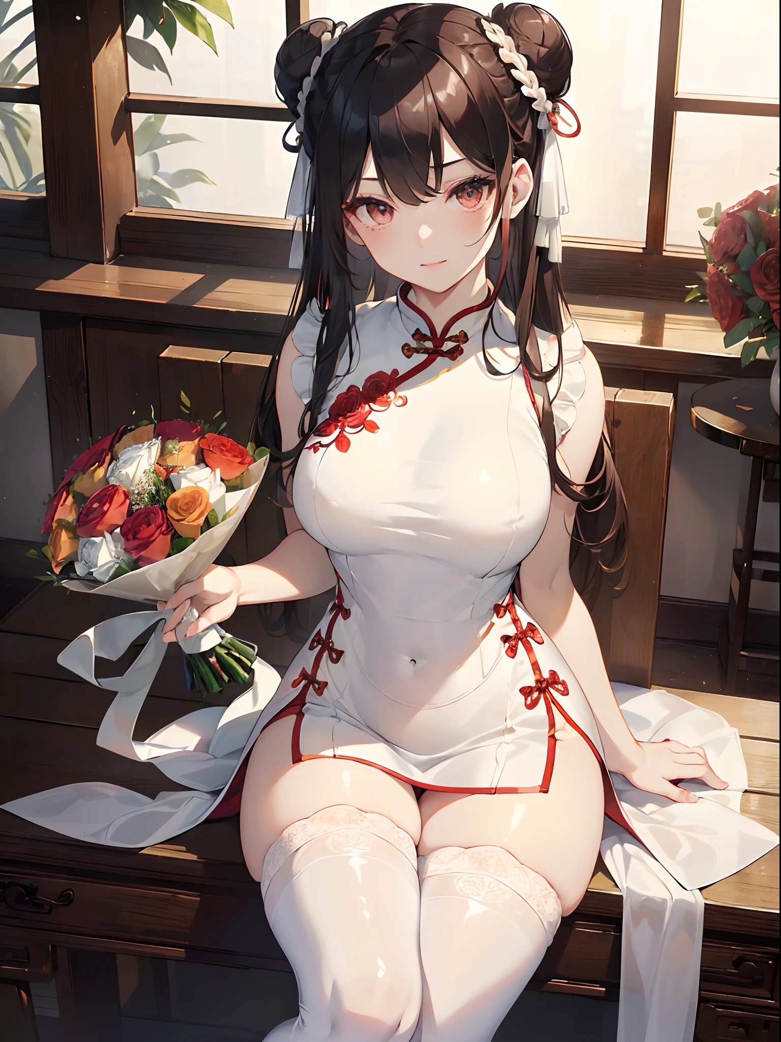 absurderes,(masterpiece、top-quality、8K ),intricate detailes,ultra-detailliert、one girls、(A slight smil:1.2)、(beautiful countenance、long lashes、Slender eyes、Hanging,Lustrous lips:1.4),((double bun hair:1.4)),((Red cheongsam、side slits:1.4)),(shiny white skin:1.3)),thighs thighs thighs thighs,Chinese Traditional Room,((Large bouquet:1.3)),、Hyper realistic,Perfect Anatomy