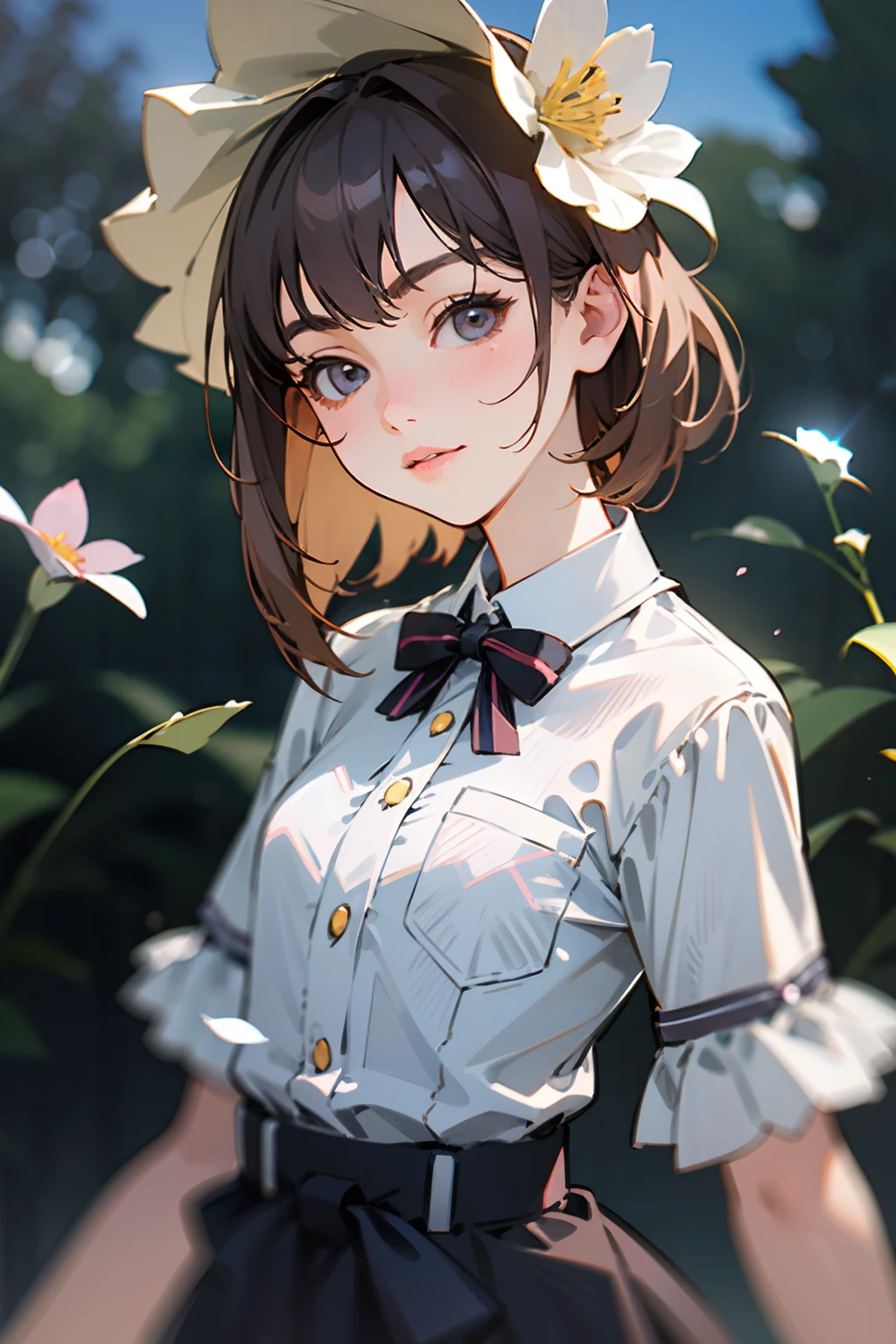 masterpiece, best quality, 1girl, nogizaka_costume, cowboy shot, flowers, many small petals, garden, blue sky, looking at viewer, small waist, ultra detailed, sharp focus, ultra realistic, cinematic lighting, dynamic lighting, facelight, incredibly absurdres, raw photo, official art,