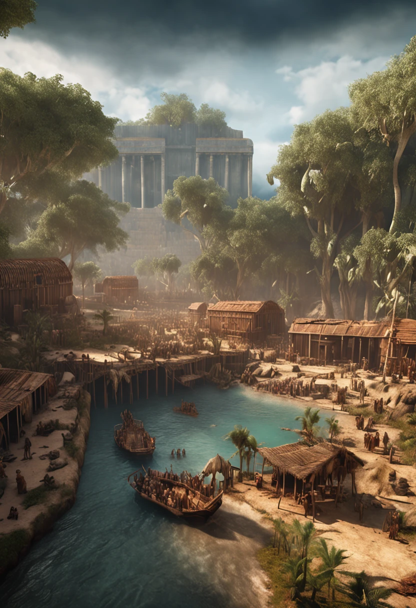 Noah's ark, endless flood water, ancient ark of Noah, accurate, detailed, 8k